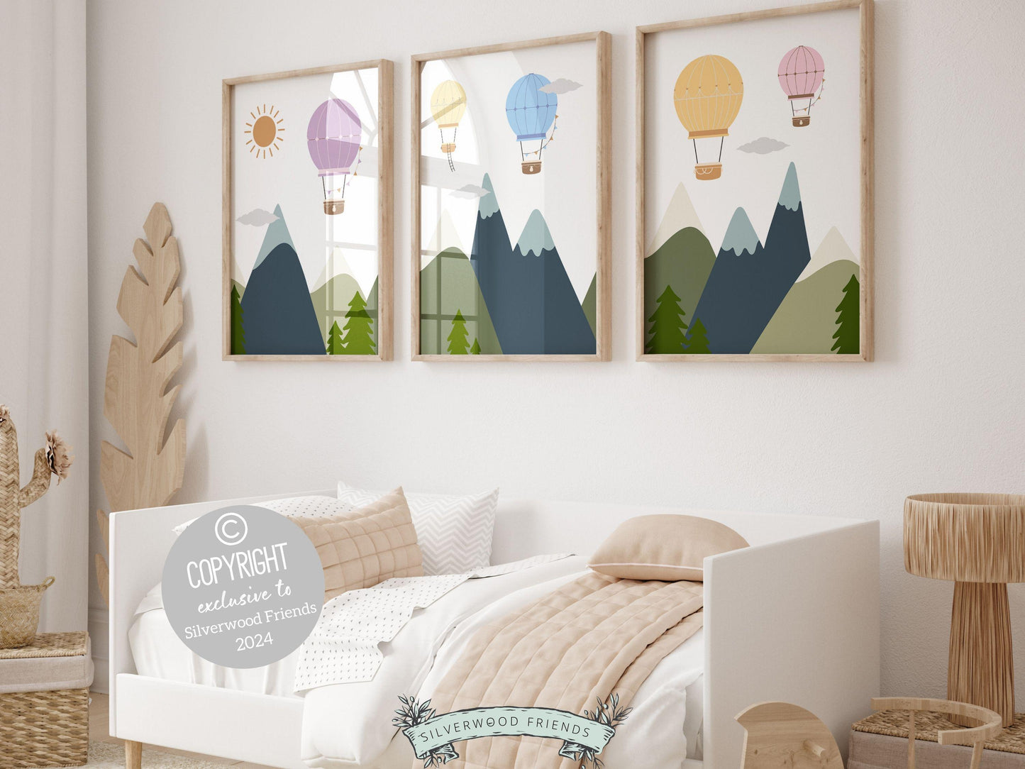 Let their imagination soar with our Hot Air Balloon Nursery Prints featuring pastel hot air balloons souring above woodland mountains. Perfect for adventure nursery decor or transport nursery and also makes a unique gender neutral baby shower gift.