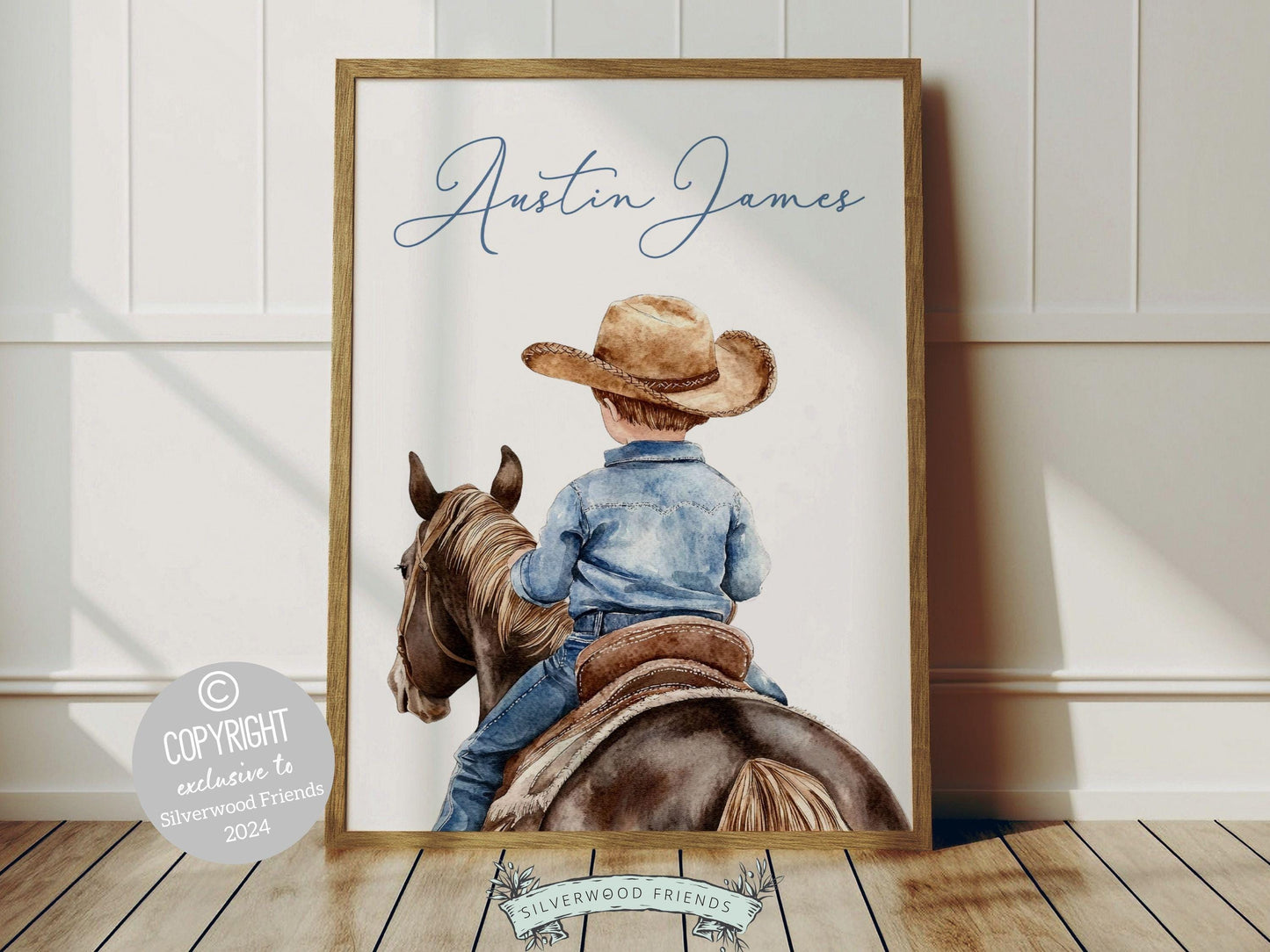 Immerse yourself in the timeless bond between cowboy and horse with our enchanting custom name watercolor print, depicting a little cowboy riding his horse.