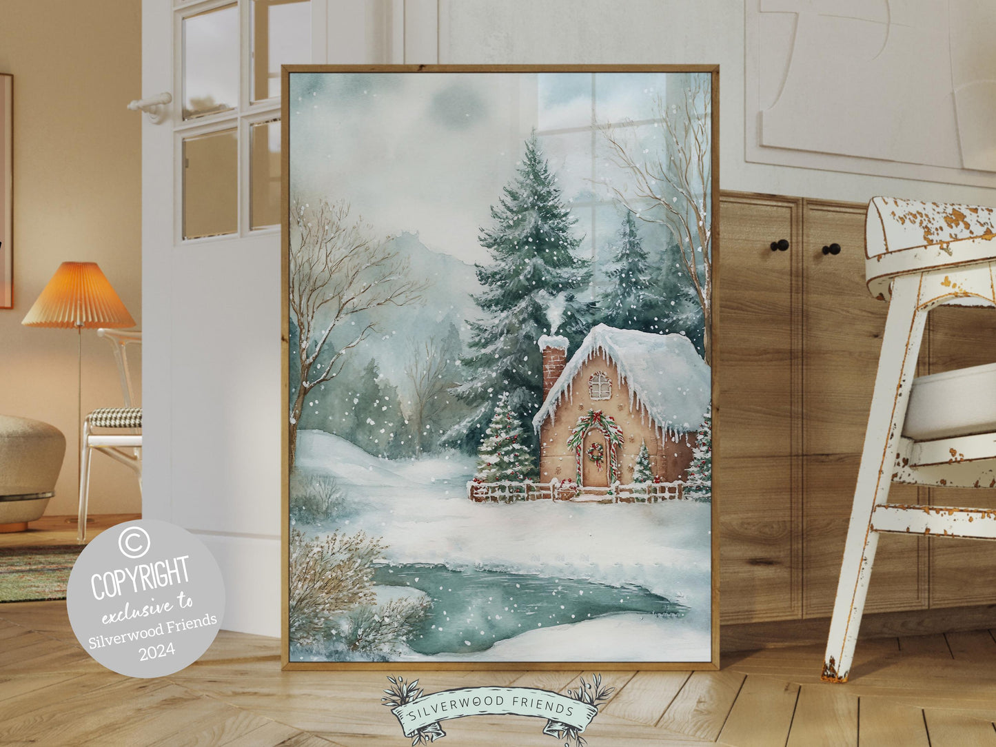 Gingerbread House Christmas Print, Vintage Christmas Wall Art, Traditional Christmas Holiday Decor, Rustic Winter Farmhouse Digital Print