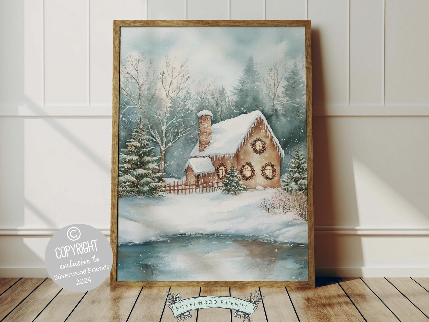 Gingerbread House Christmas Print, Vintage Christmas Wall Art, Festive Christmas Holiday Decor, Rustic Winter Farmhouse Forest Digital Print