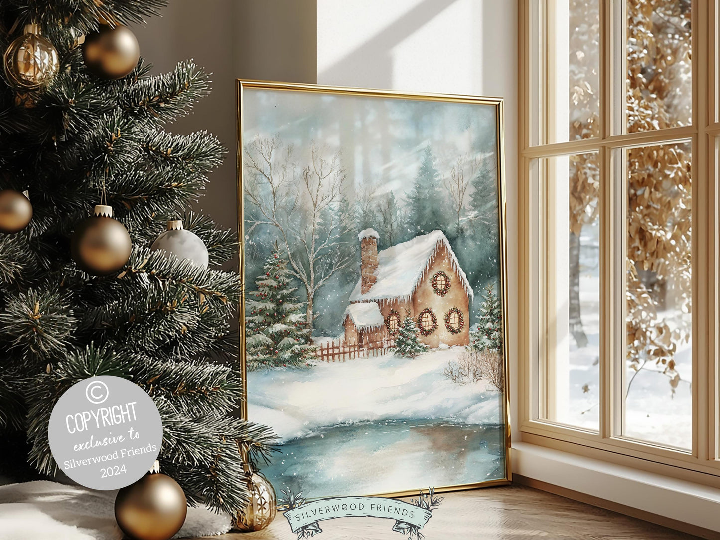 Gingerbread House Christmas Print, Vintage Christmas Wall Art, Festive Christmas Holiday Decor, Rustic Winter Farmhouse Forest Digital Print