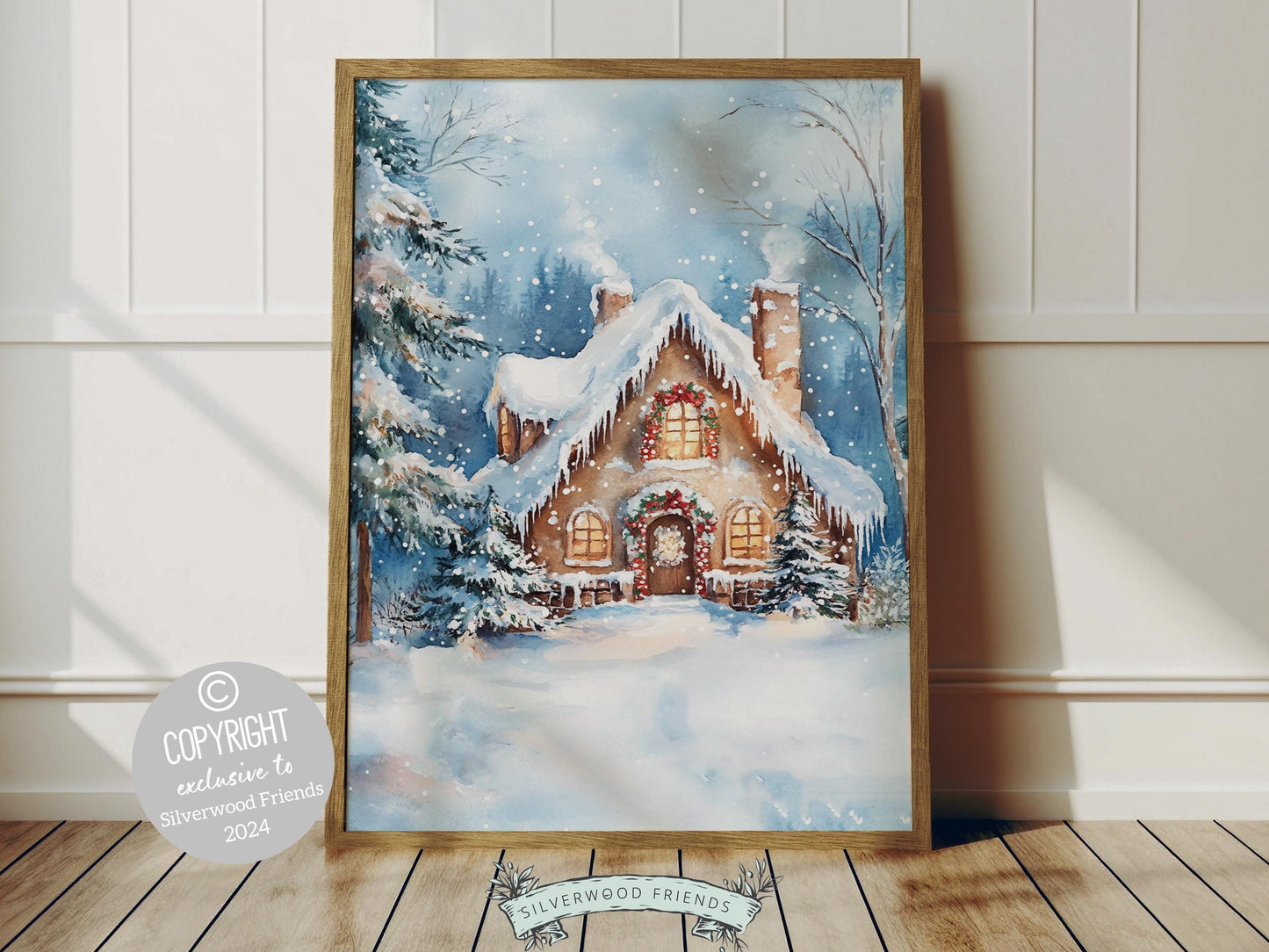 Gingerbread House Christmas Print, Vintage Christmas Wall Art, Festive Christmas Holiday Decor, Rustic Winter Farmhouse Forest Digital Print