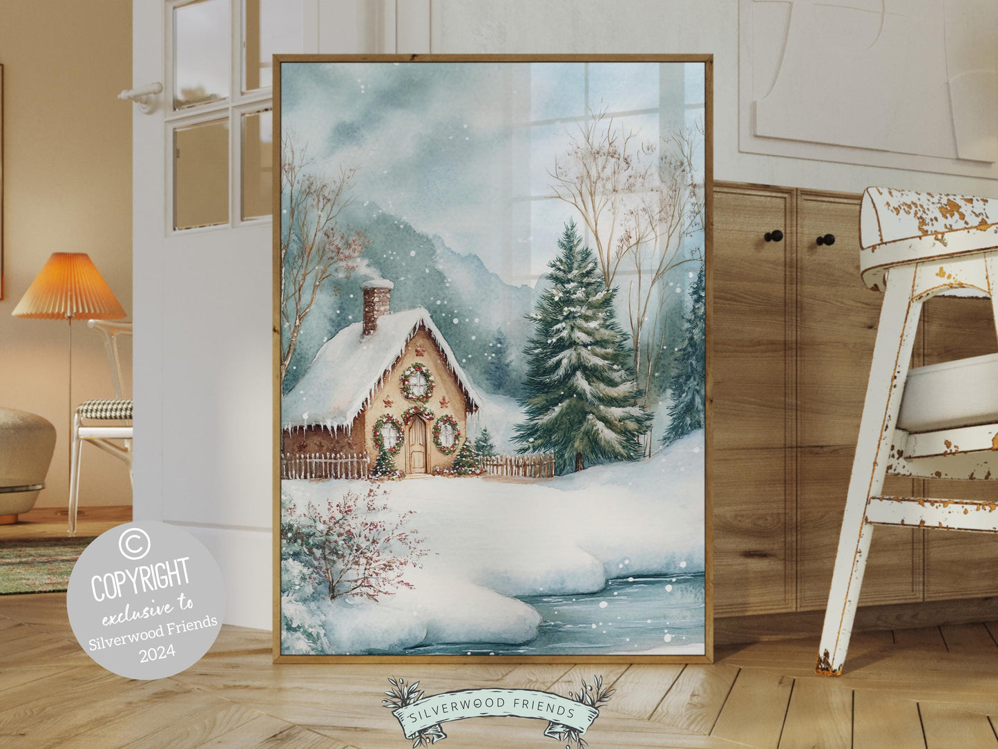 Gingerbread House Christmas Print, Vintage Christmas Wall Art, Festive Christmas Holiday Decor, Rustic Winter Farmhouse Forest Digital Print