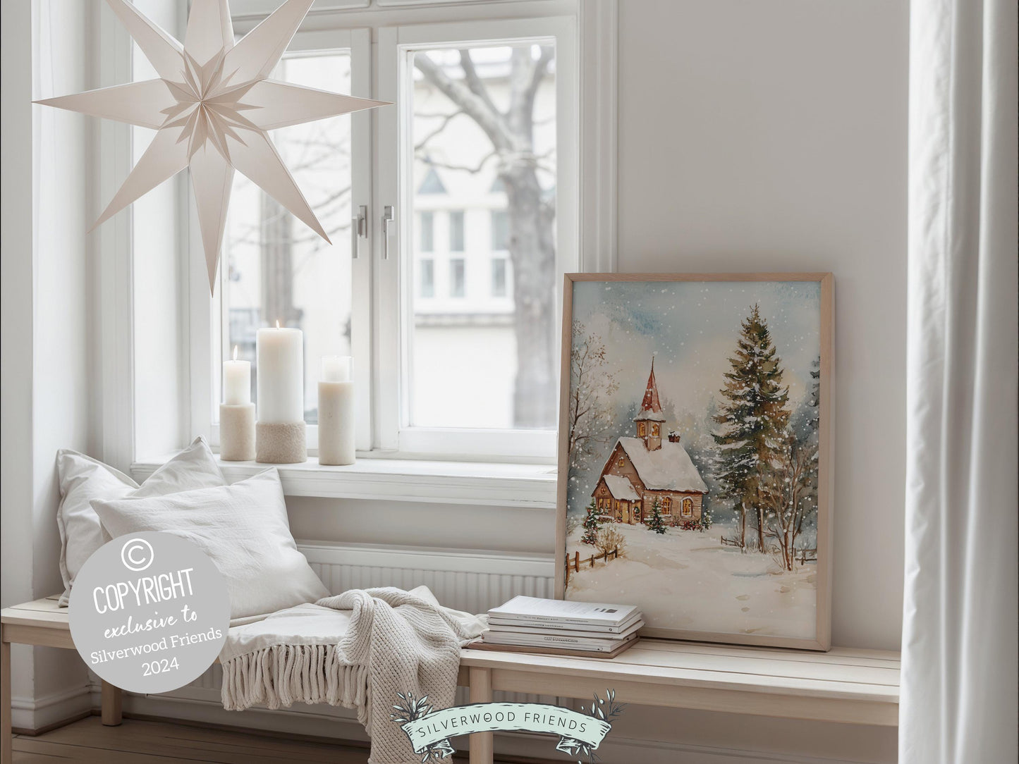 Vintage Christmas Church Print, Christmas Wall Art, Festive Christmas Holiday Decor Printables, Farmhouse Cottagecore Decor Digital Print