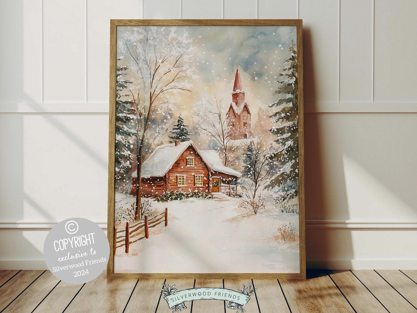 Celebrate the beauty of the season with this enchanting Christmas print, featuring a cozy farmhouse nestled among snow-covered pine trees and softly falling snow.