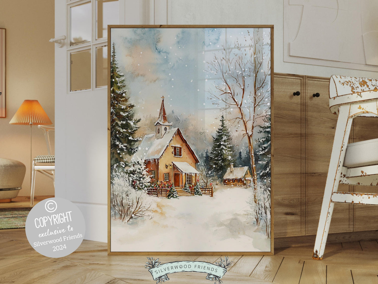 Christmas Farmhouse Print, Winter Christmas Church Wall Art Printables, Christmas Holiday Decor, Rustic Winter Farmhouse Decor Digital Print