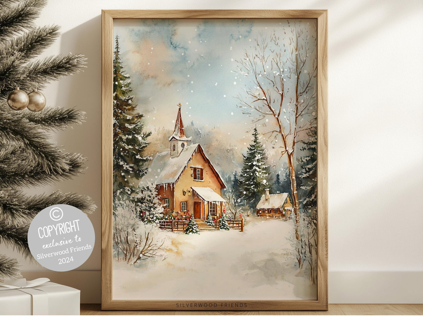 Celebrate the beauty of the season with this enchanting Christmas print, featuring a cozy farmhouse nestled among snow-covered pine trees and softly falling snow.