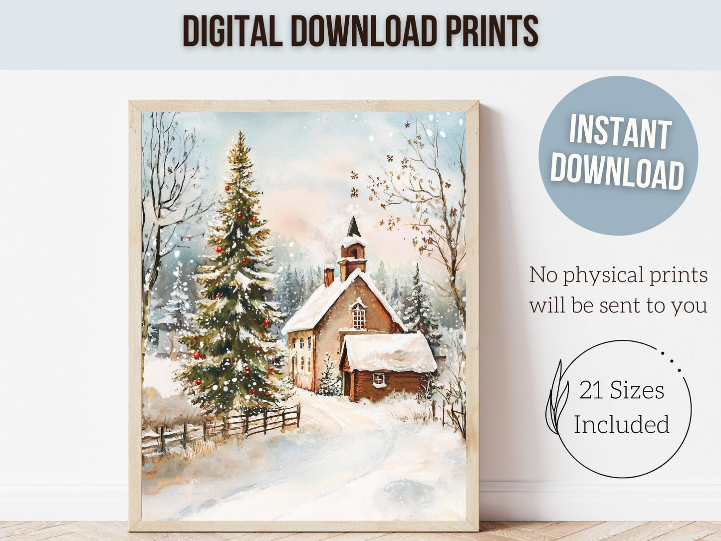 Christmas Farmhouse Print, Winter Christmas Church Wall Art Printables, Cozy Christmas Holiday Decor, Rustic Farmhouse Decor Digital Print