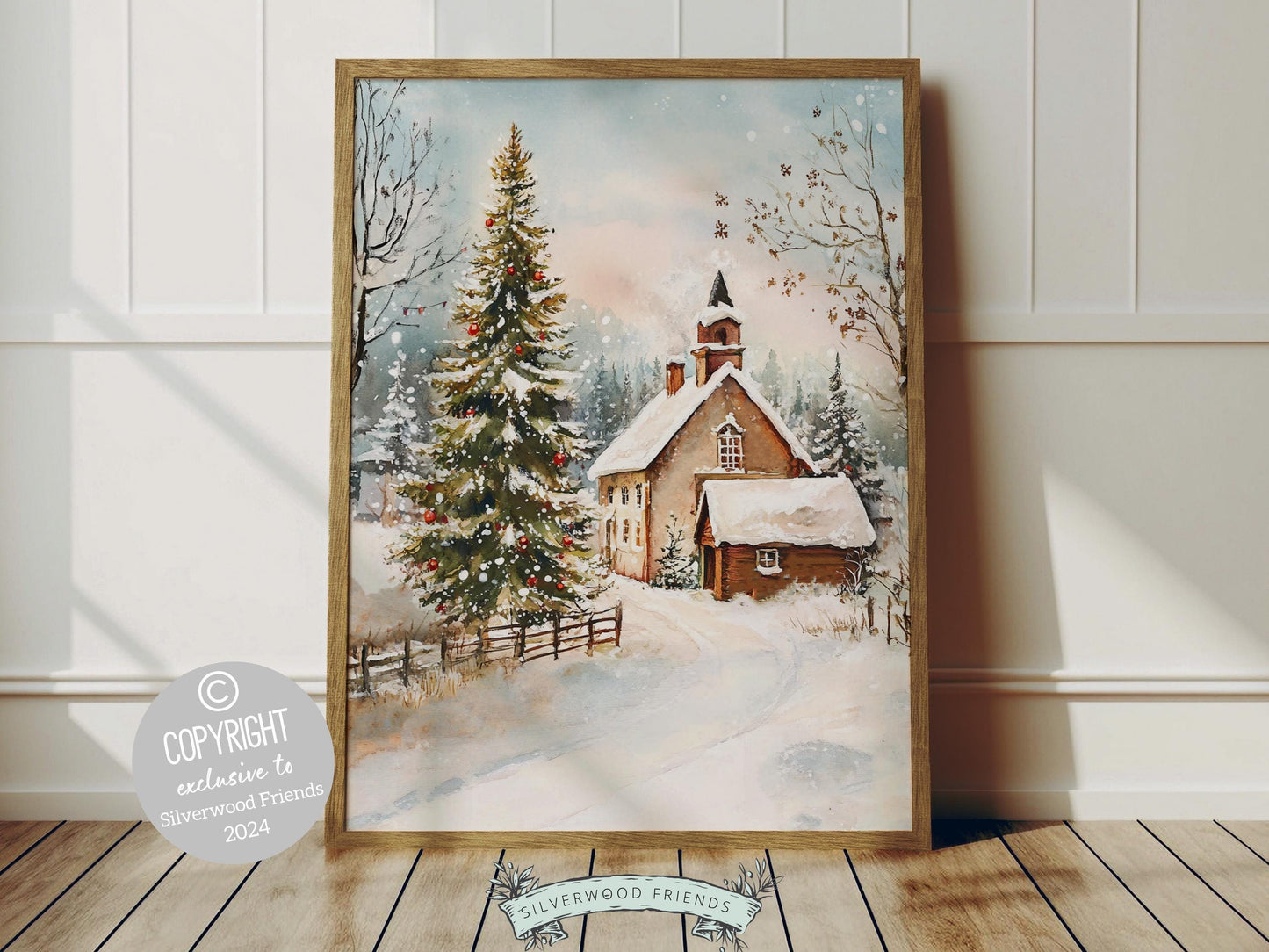 Embrace the spirit of the season with this delightful Christmas print, showcasing a cozy farmhouse surrounded by snow-covered pine trees and gentle snowfall.