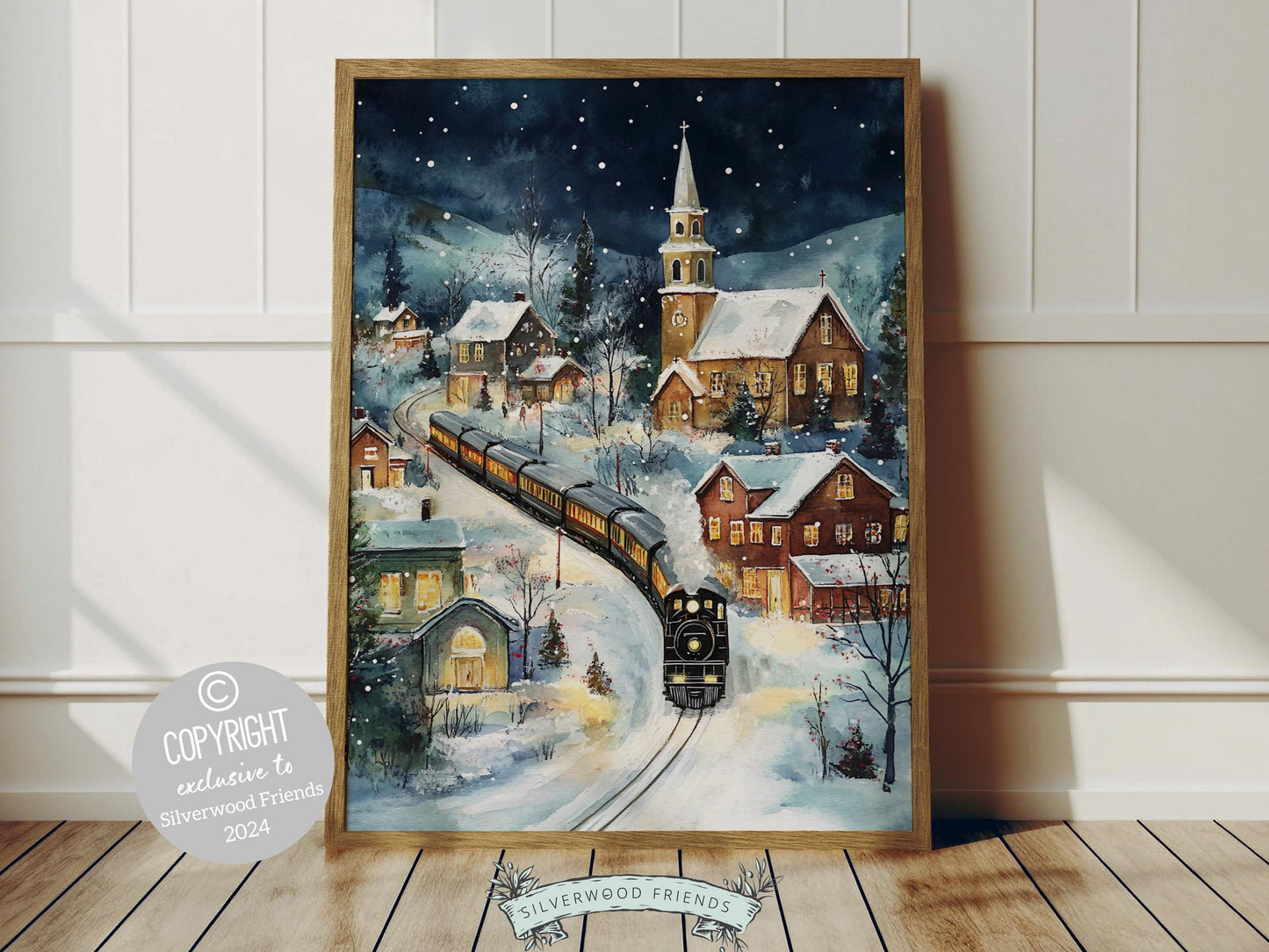 Delight both adults and kids alike with this enchanting Christmas print, featuring a train chugging through a snowy winter night on its way to the North Pole.
