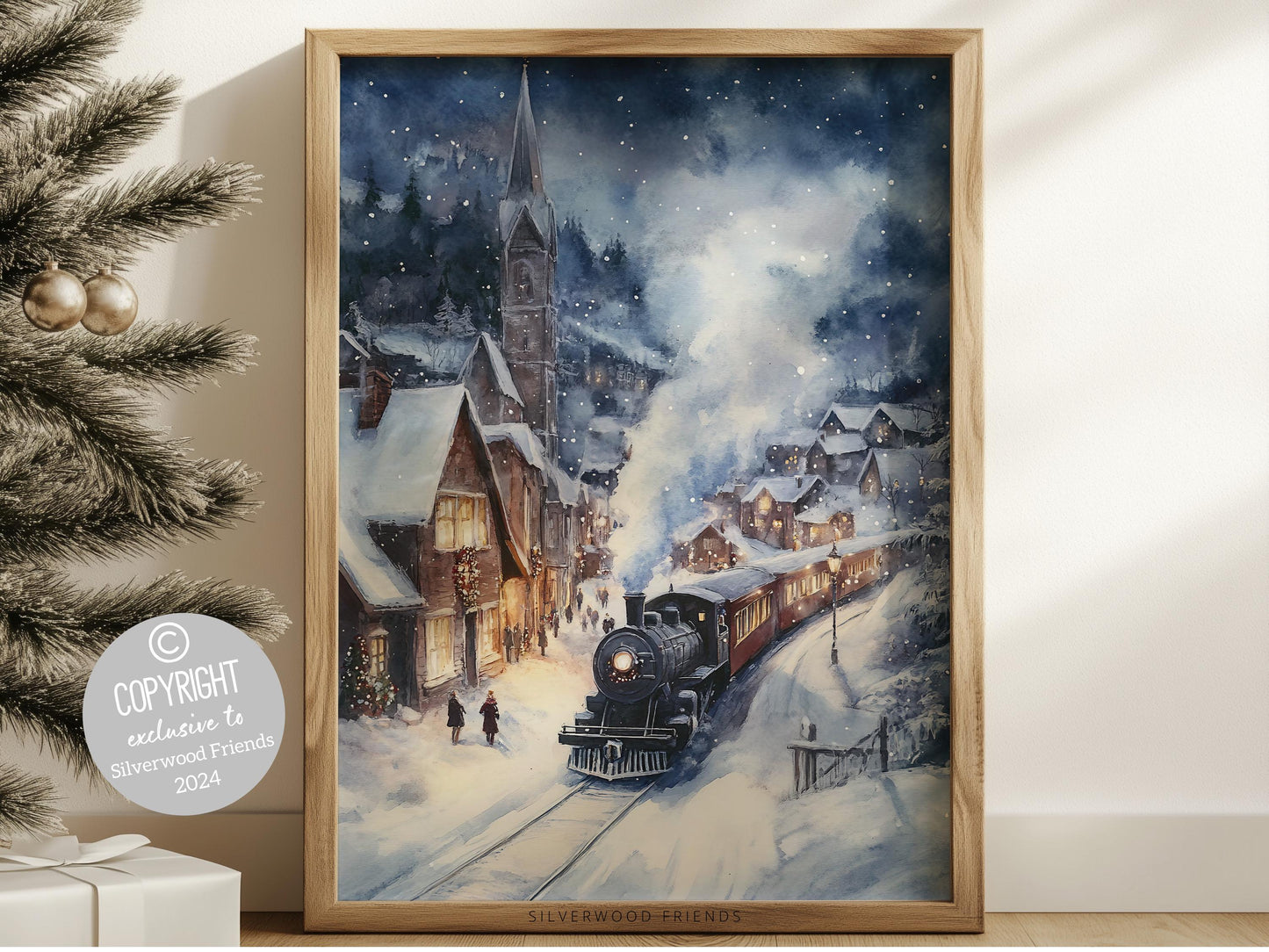 Delight both adults and kids alike with this enchanting Christmas print, featuring a train chugging through a snowy winter night on its way to the North Pole.