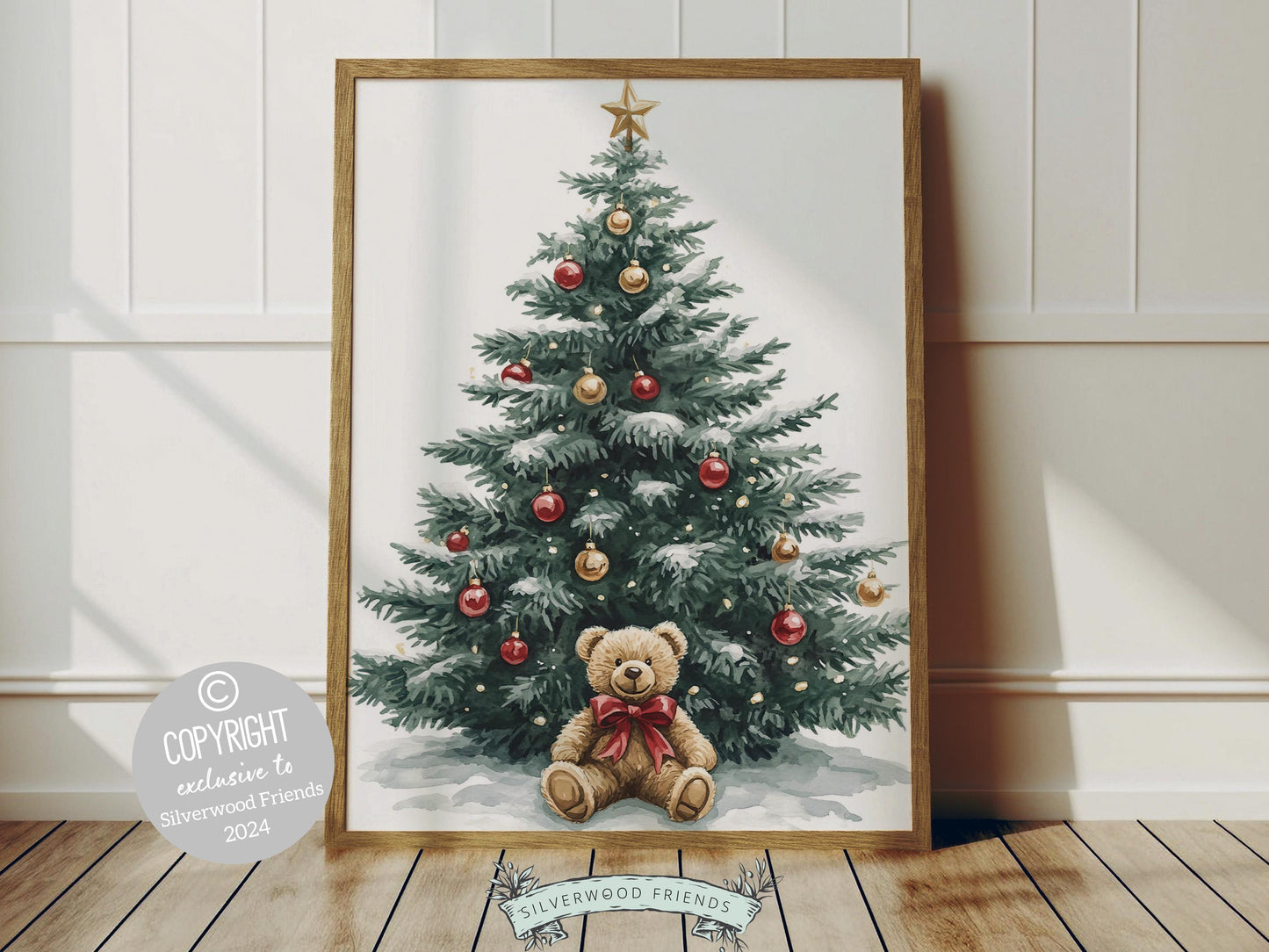 Add a touch of festive magic to your nursery with this enchanting Christmas tree teddy bear print, featuring a beautifully decorated tree and an adorable teddy bear beneath.