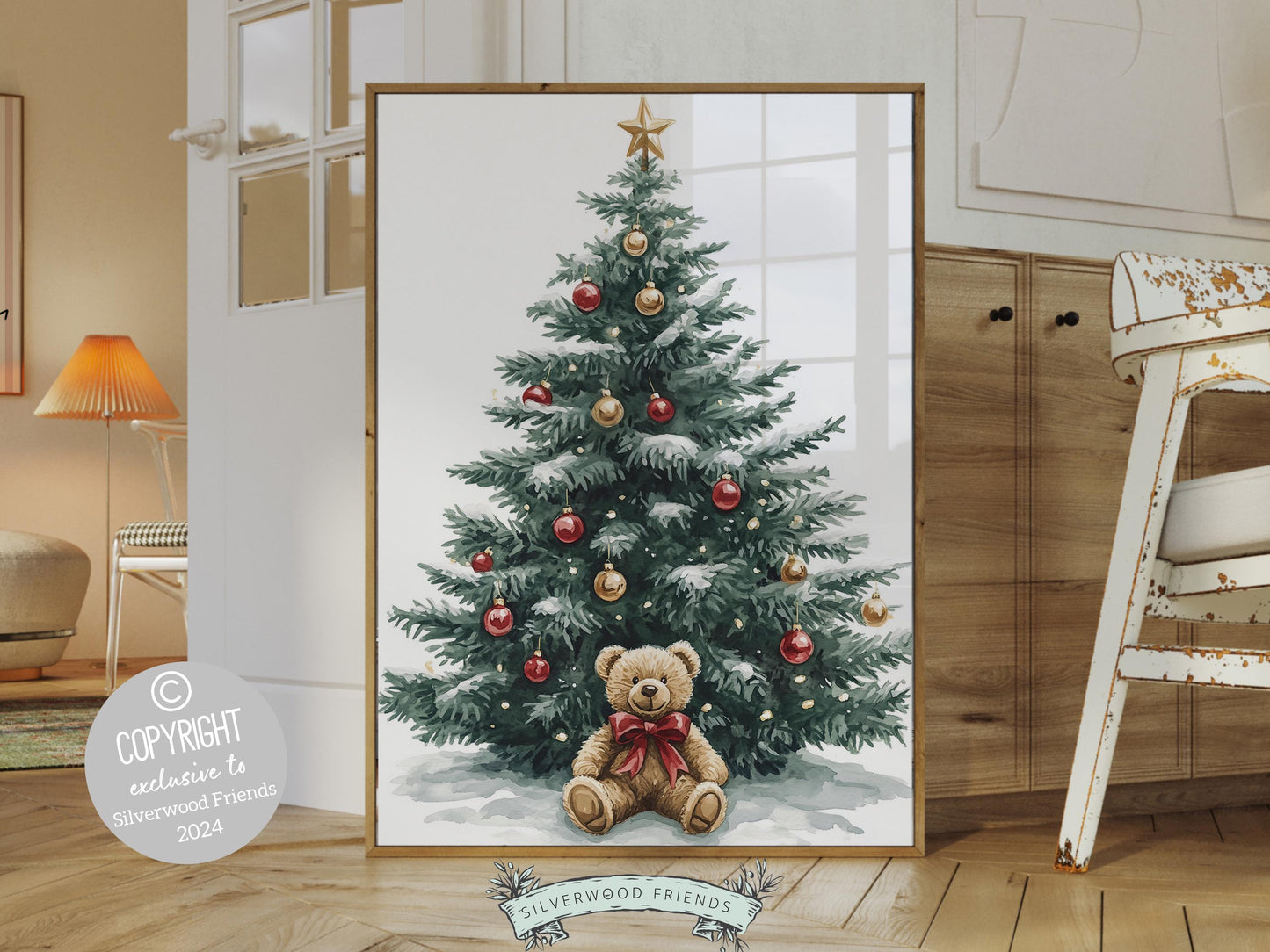 Christmas Tree Teddy Bear Nursery Print, Christmas Tree Teddy Bear Nursery Decor, Kids Room Festive Holiday Decor, Xmas Tree Digital Print