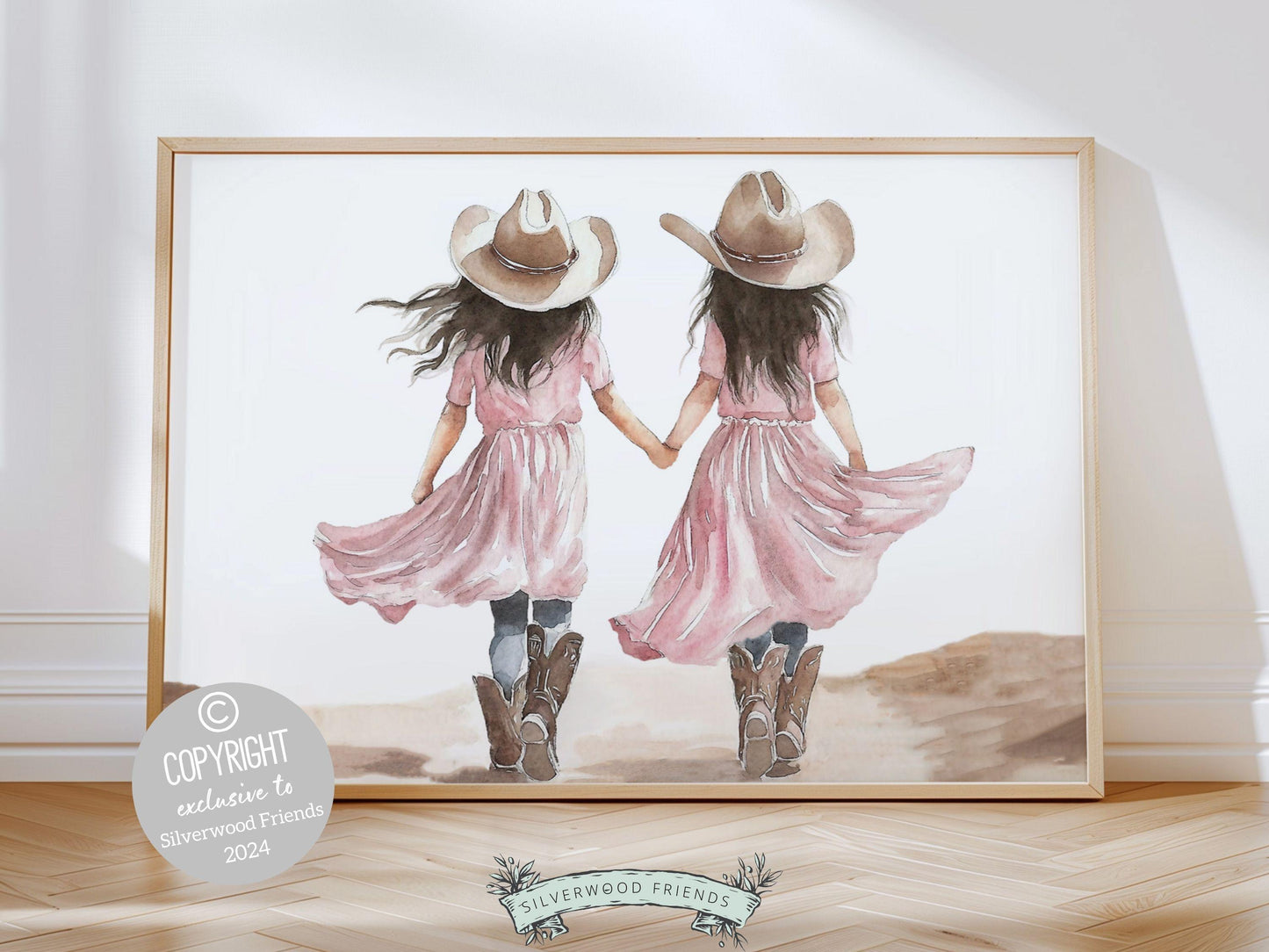 Celebrate the timeless bond between sisters with our enchanting watercolor cowgirl print, featuring cowgirl sisters walking together hand in hand.