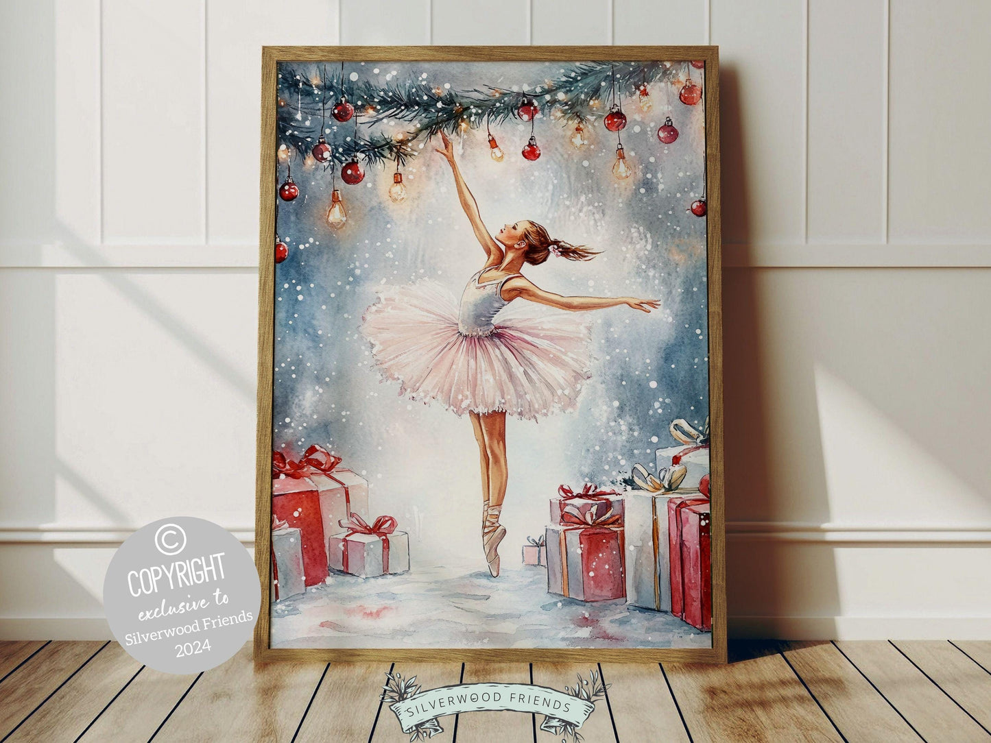 Ballerina Christmas Print, Ballet Nursery Decor Print, Festive Christmas Printable Wall Art, Seasonal Holiday Decor, Xmas Tree Digital Print