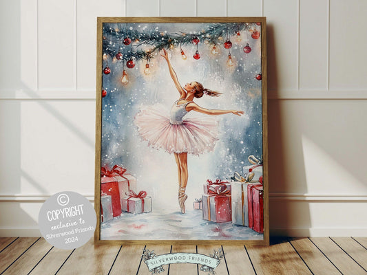 Ballerina Christmas Print, Ballet Nursery Decor Print, Festive Christmas Printable Wall Art, Seasonal Holiday Decor, Xmas Tree Digital Print
