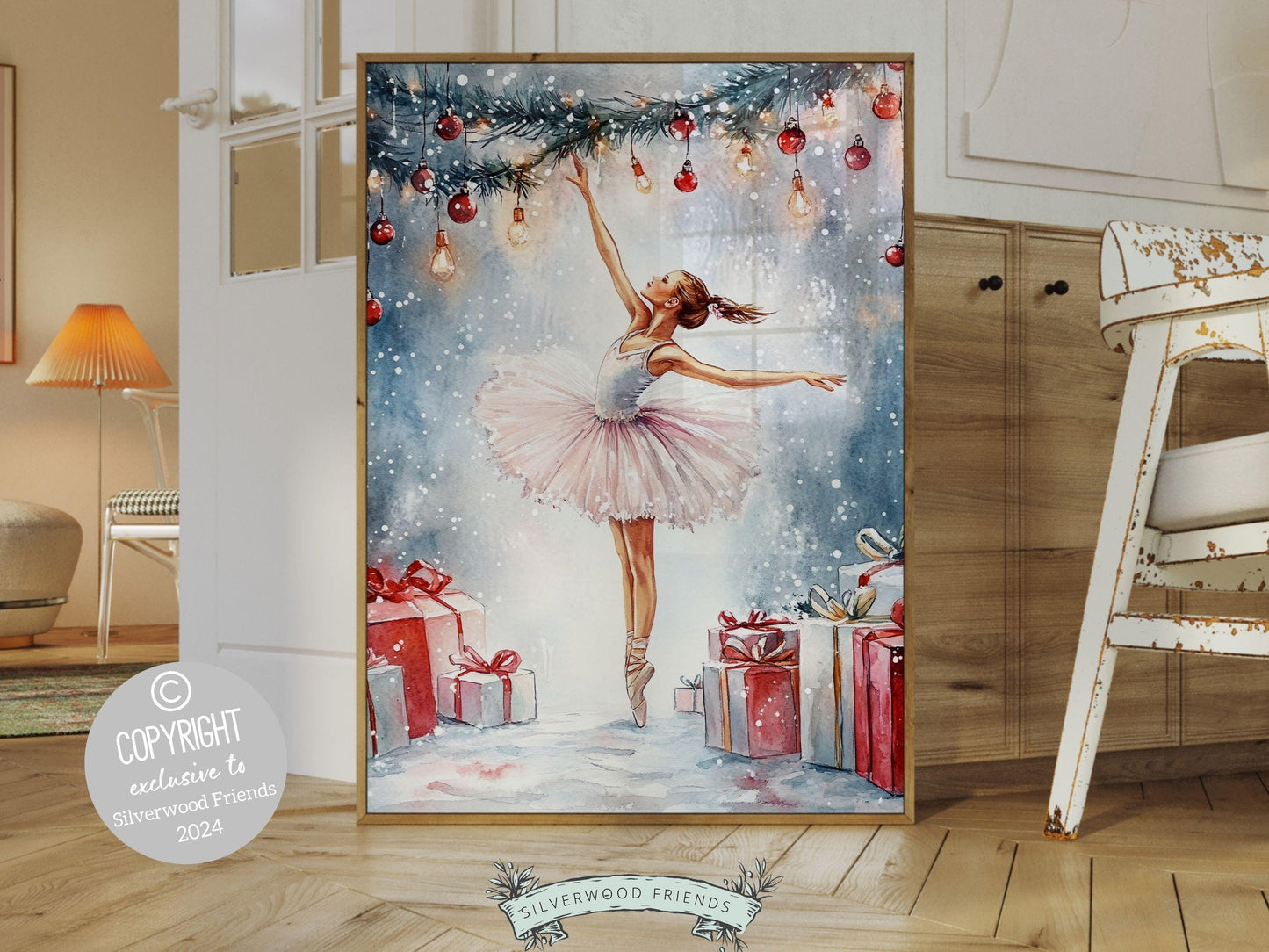 Our charming ballerina Christmas print showcases a sweet ballerina in a pink and white tutu, standing under twinkling lights with Christmas gifts and falling snow. The perfect gift for a ballet lover or a babys first Christmas