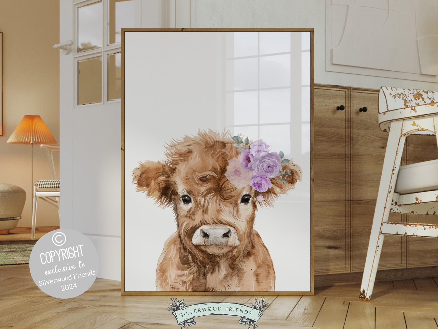 Our Highland Cow Nursery Print features an adorable baby highland cow with a purple floral crown and is set on a white background.