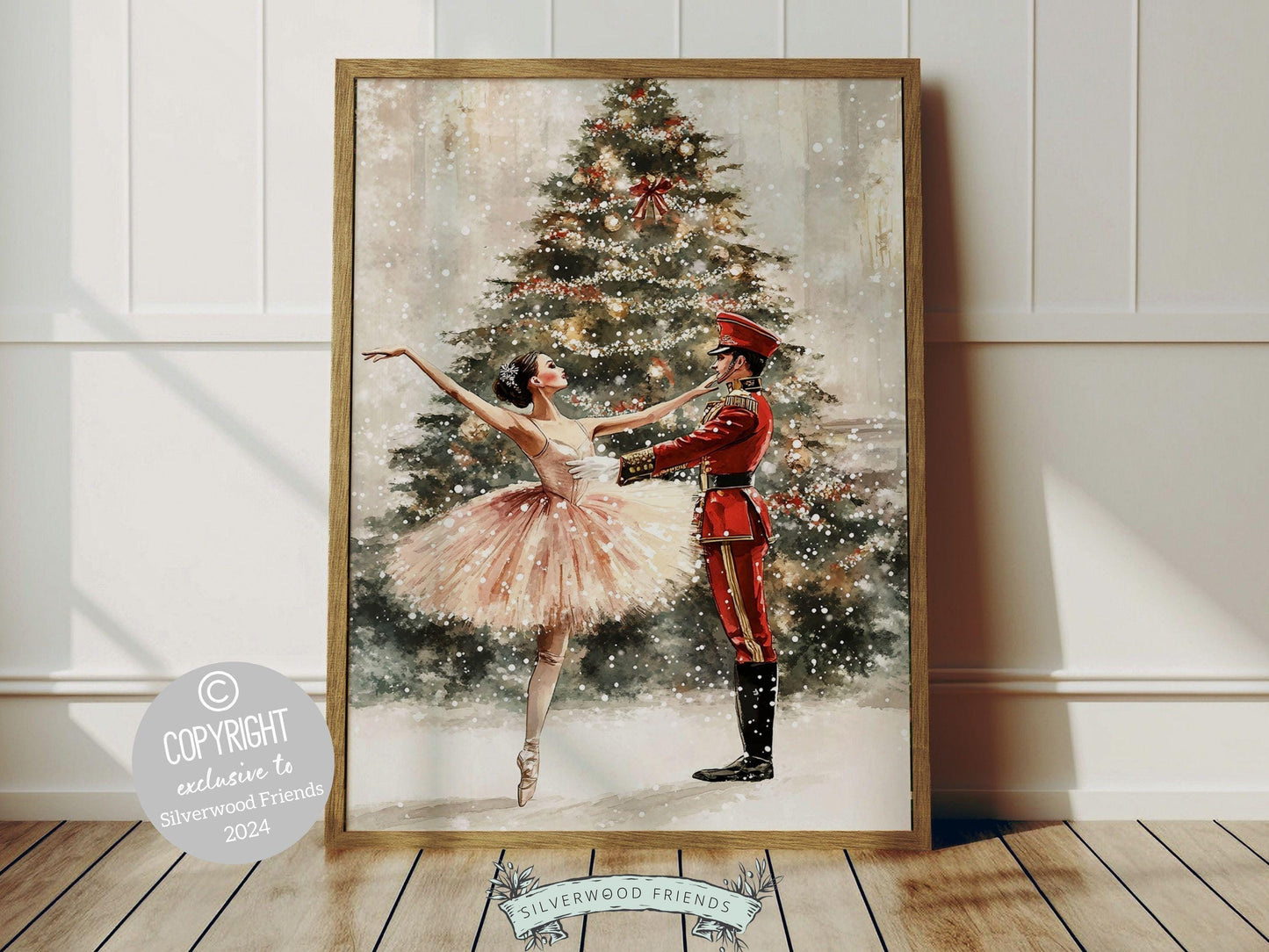 Christmas ballet print captures a magical moment as a graceful ballerina dances with a Nutcracker soldier in front of a beautiful Christmas tree. The perfect gift for ballet lovers this print brings whimsical romance and festive charm to any space