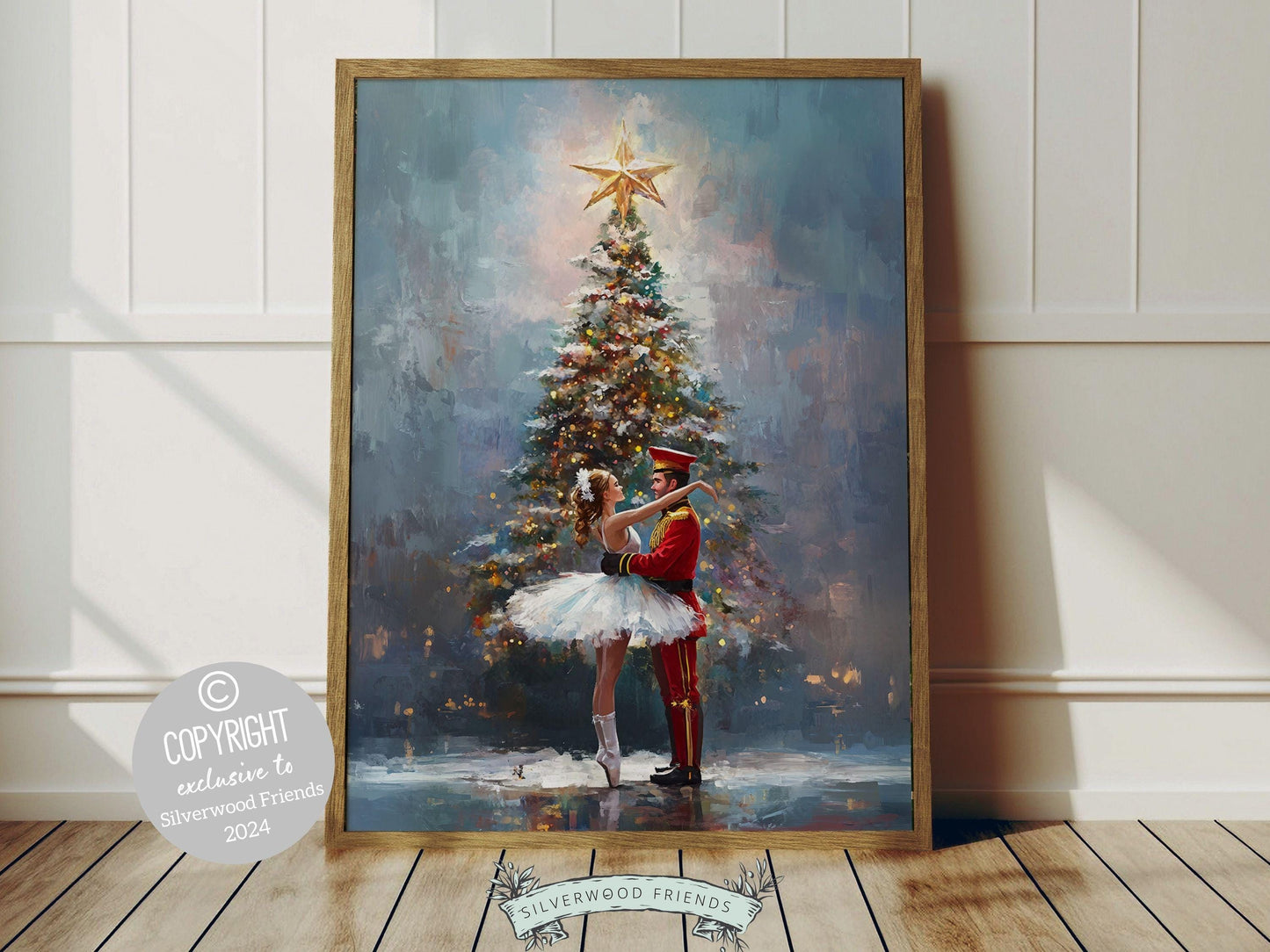 Capture the magic of the season with this enchanting Christmas ballet print, featuring a graceful ballerina dancing with a Nutcracker soldier in front of a Christmas tree.