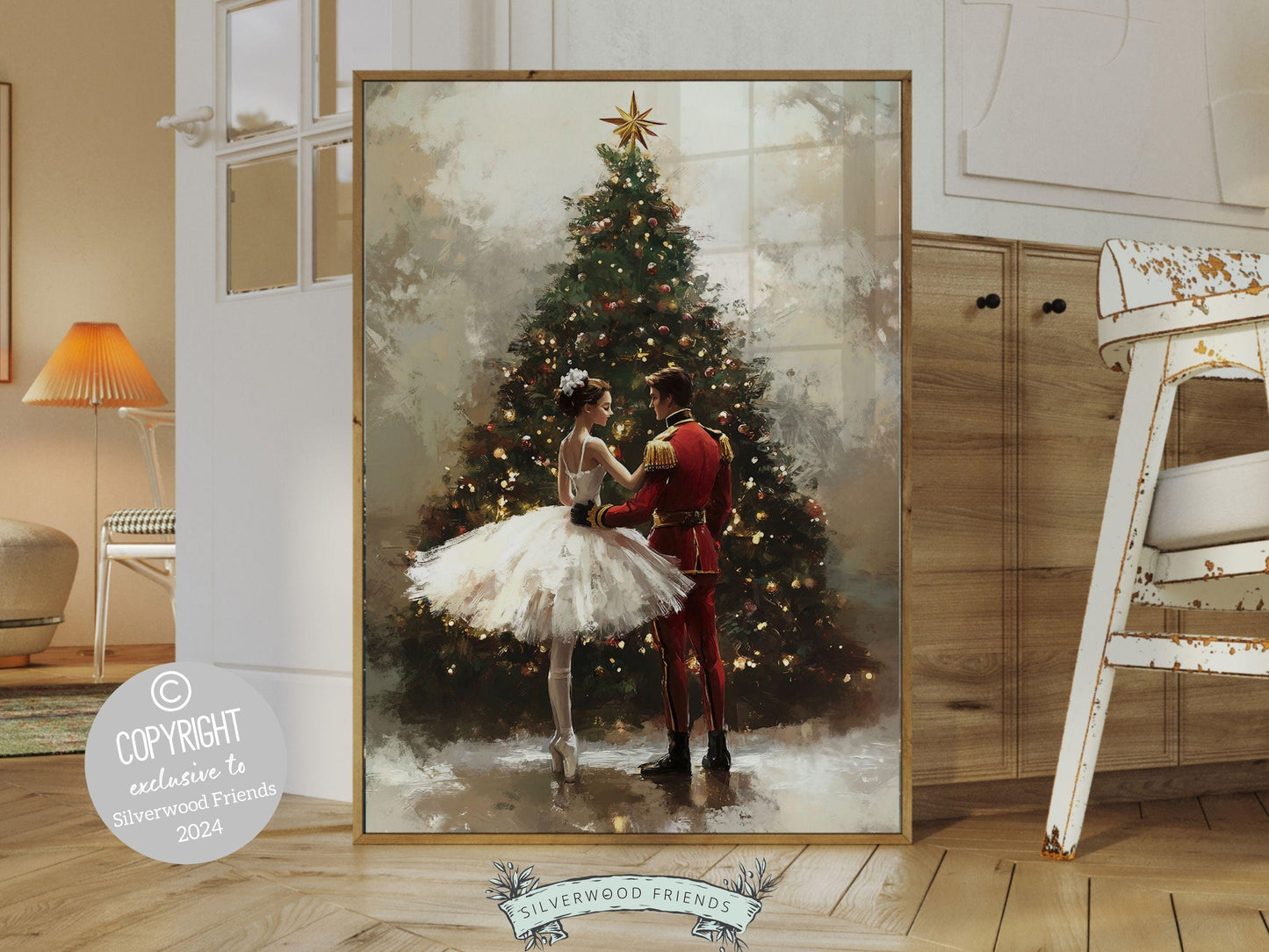 Nutcracker Ballet Christmas Print, Ballerina Christmas Printable Wall Art, Festive Christmas Holiday Hosting Decor, Xmas Tree Digital Print