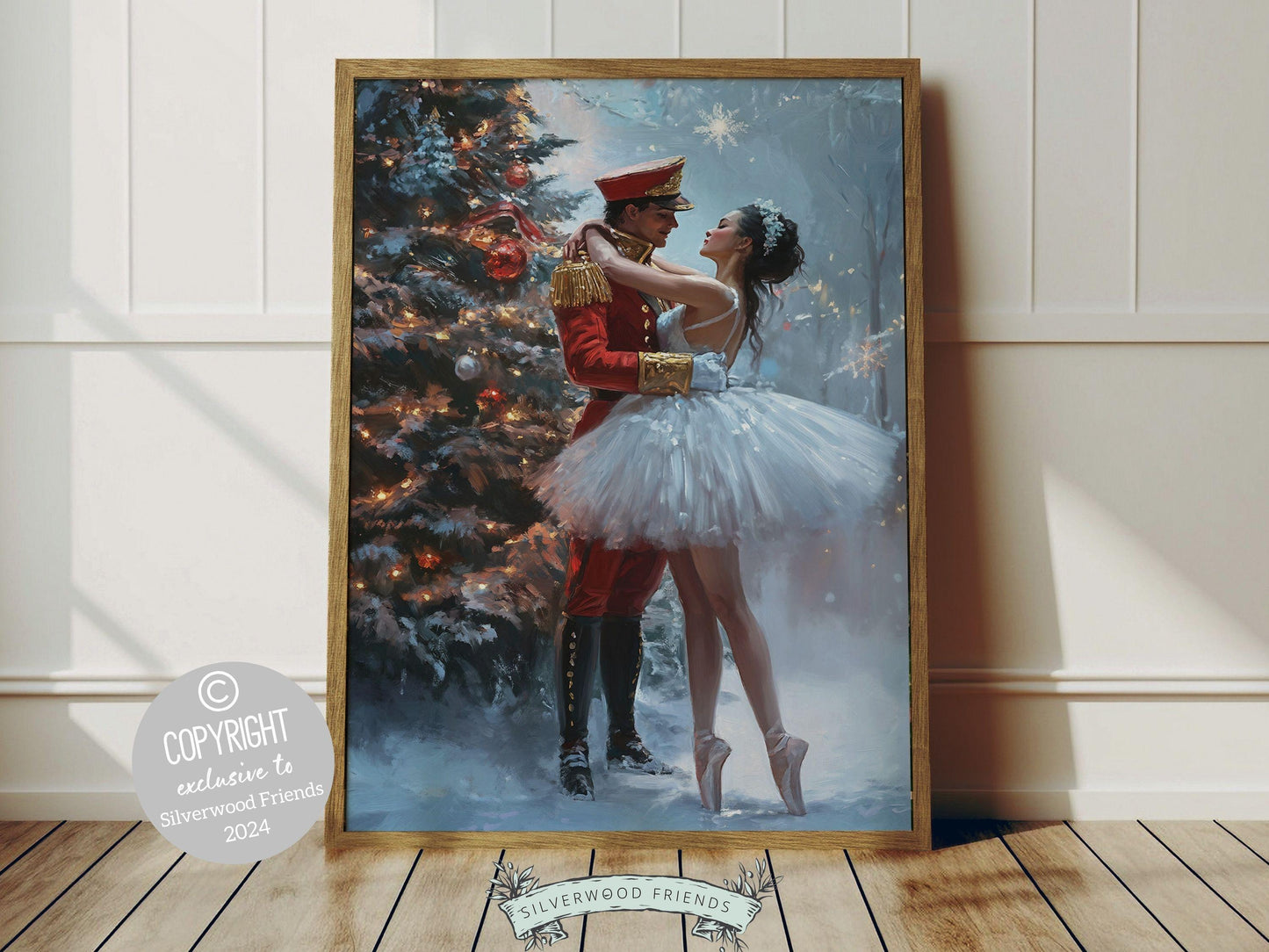 This enchanting Christmas ballet print captures a magical moment between a graceful ballerina and a Nutcracker soldier in front of a beautiful Christmas tree.