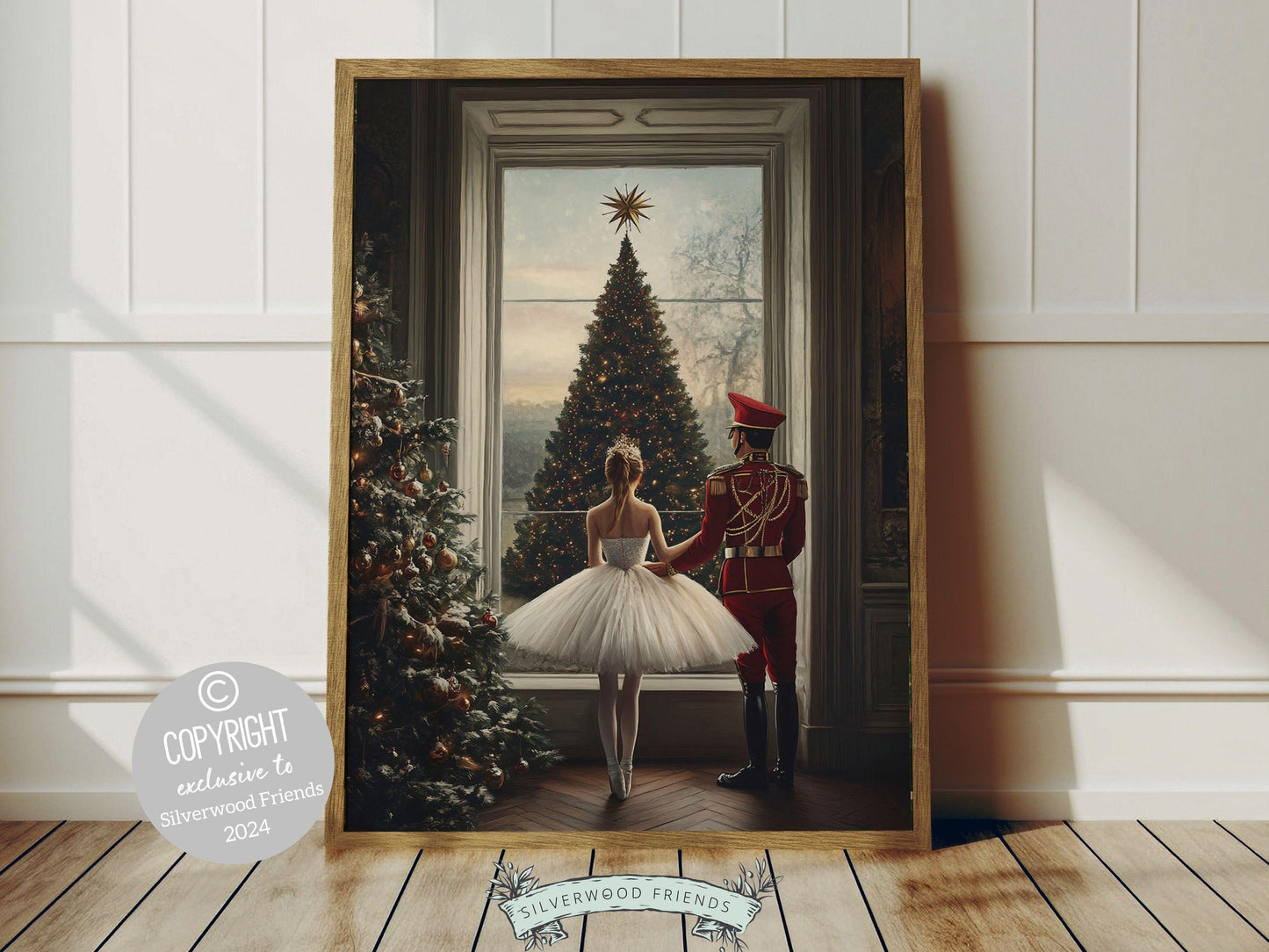 This enchanting Christmas ballet print captures a magical moment between a graceful ballerina and a Nutcracker soldier in front of a beautiful Christmas tree.