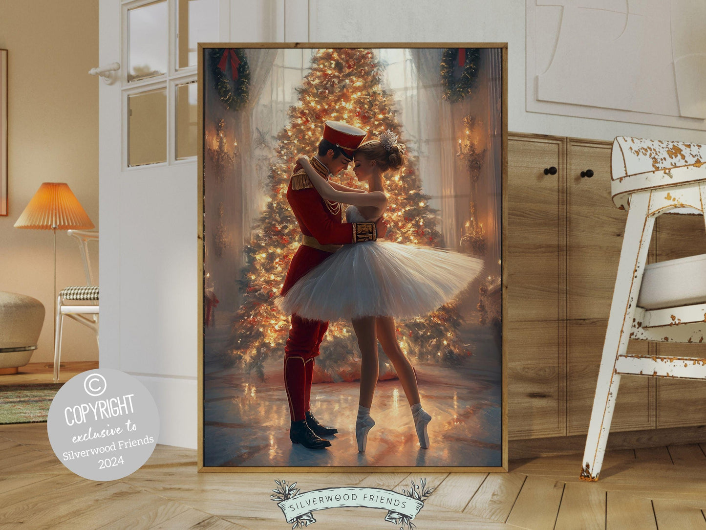 Nutcracker Ballet Christmas Print, Ballerina Christmas Printable Wall Art, Festive Christmas Holiday Hosting Decor, Xmas Tree Digital Print