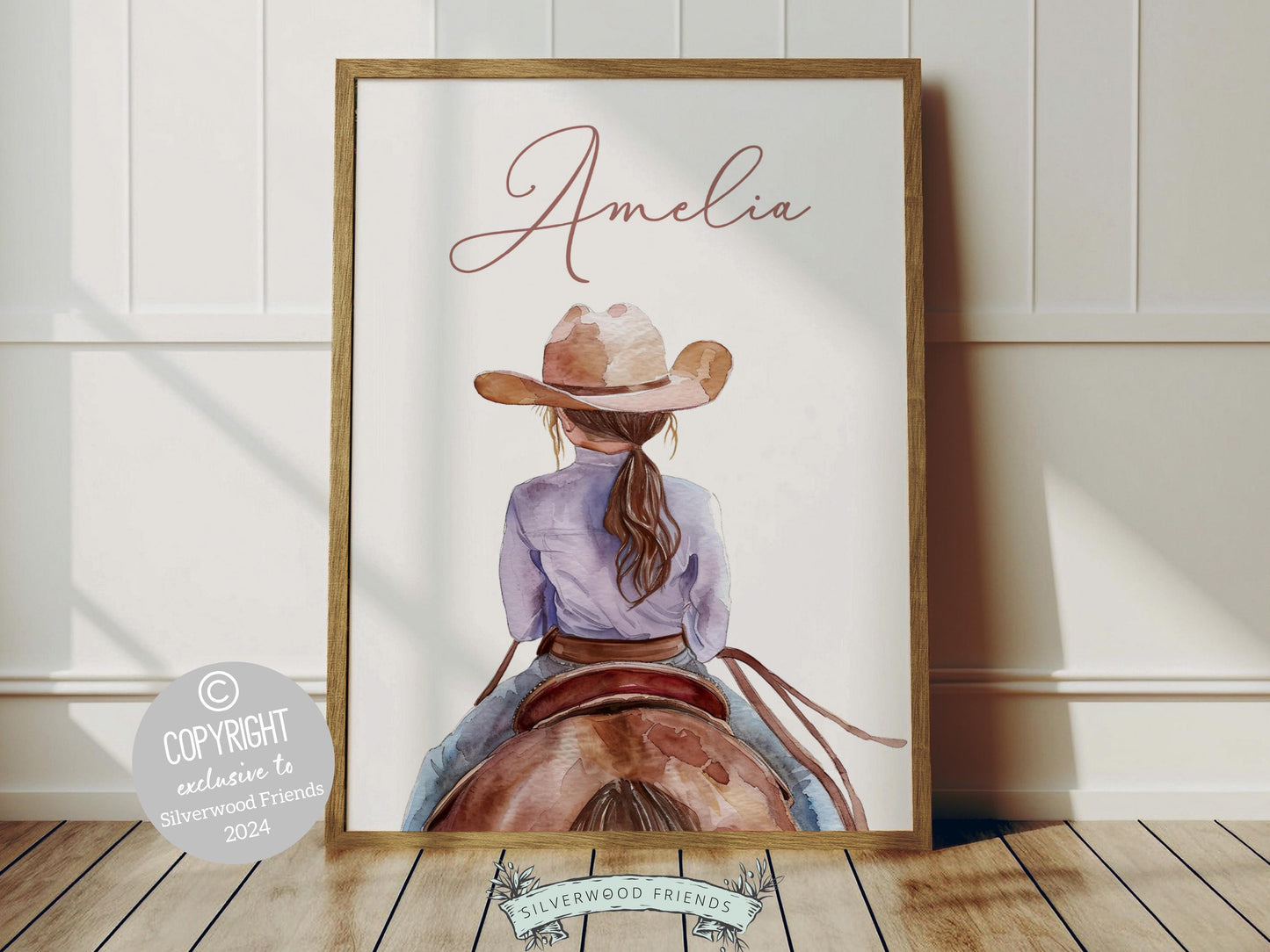 Immerse yourself in the timeless bond between cowgirl and horse with our enchanting custom name watercolor print, depicting a little girl riding her horse.