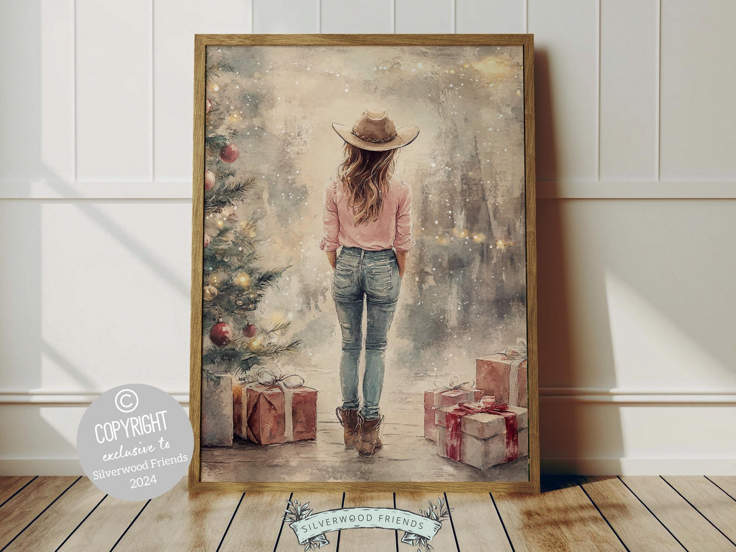 Bring timeless Western charm to your home with this cowgirl Christmas print, featuring a festive cowgirl, twinkling Christmas tree, presents, and falling snow—perfect decor for any room, all year round!