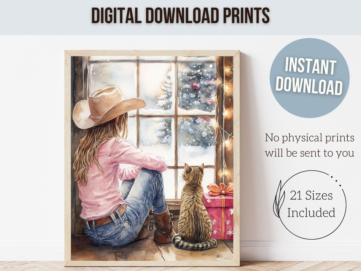 Cowgirl Country Christmas Cat Print, Cowgirl Cat Nursery Decor, Baby Girl Western Christmas Nursery Decor, Christmas Tree Cat Digital Print