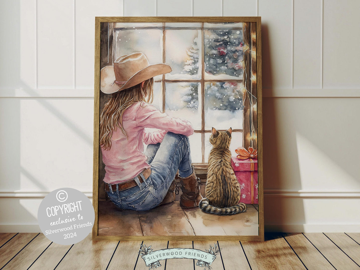 Add a touch of Western magic to your home with this whimsical cowgirl Christmas print, featuring a festive cowgirl and her curious cat by a stack of Christmas gifts, dreaming by the window as snowflakes dance outside.