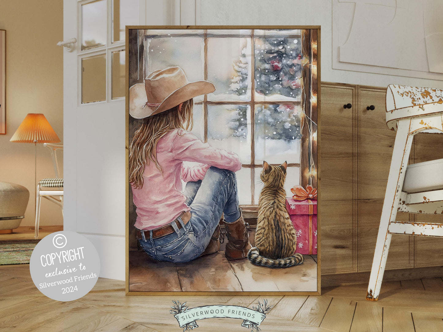 Cowgirl Country Christmas Cat Print, Cowgirl Cat Nursery Decor, Baby Girl Western Christmas Nursery Decor, Christmas Tree Cat Digital Print