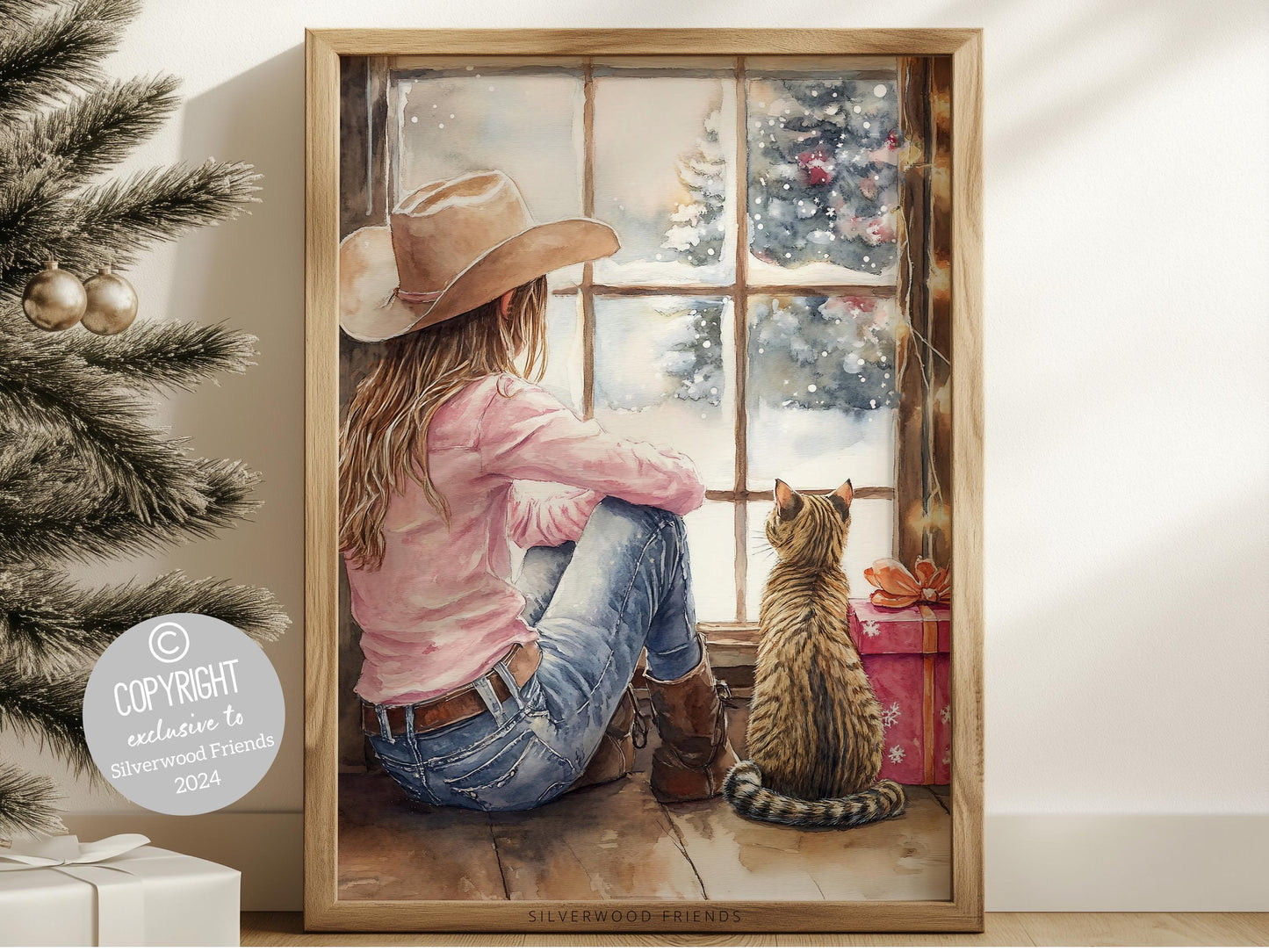 Cowgirl Country Christmas Cat Print, Cowgirl Cat Nursery Decor, Baby Girl Western Christmas Nursery Decor, Christmas Tree Cat Digital Print