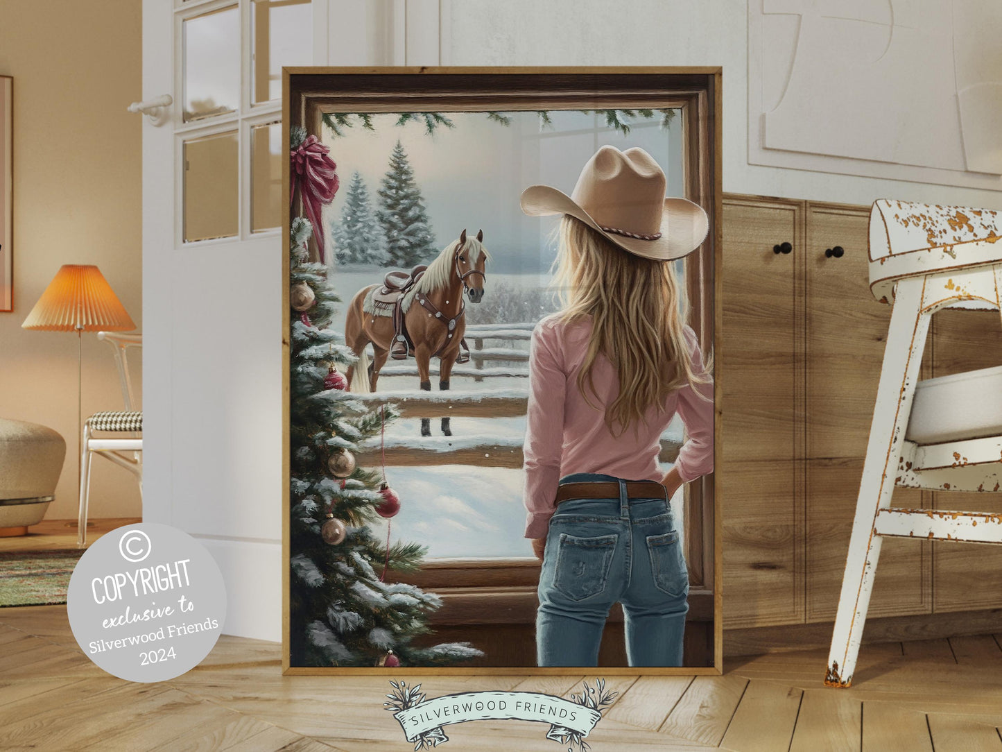 Cowgirl Horse Christmas Print, Cowgirl Nursery Decor, Baby Girl Western Horse Nursery Decor,Festive Western Christmas Keepsake Digital Print