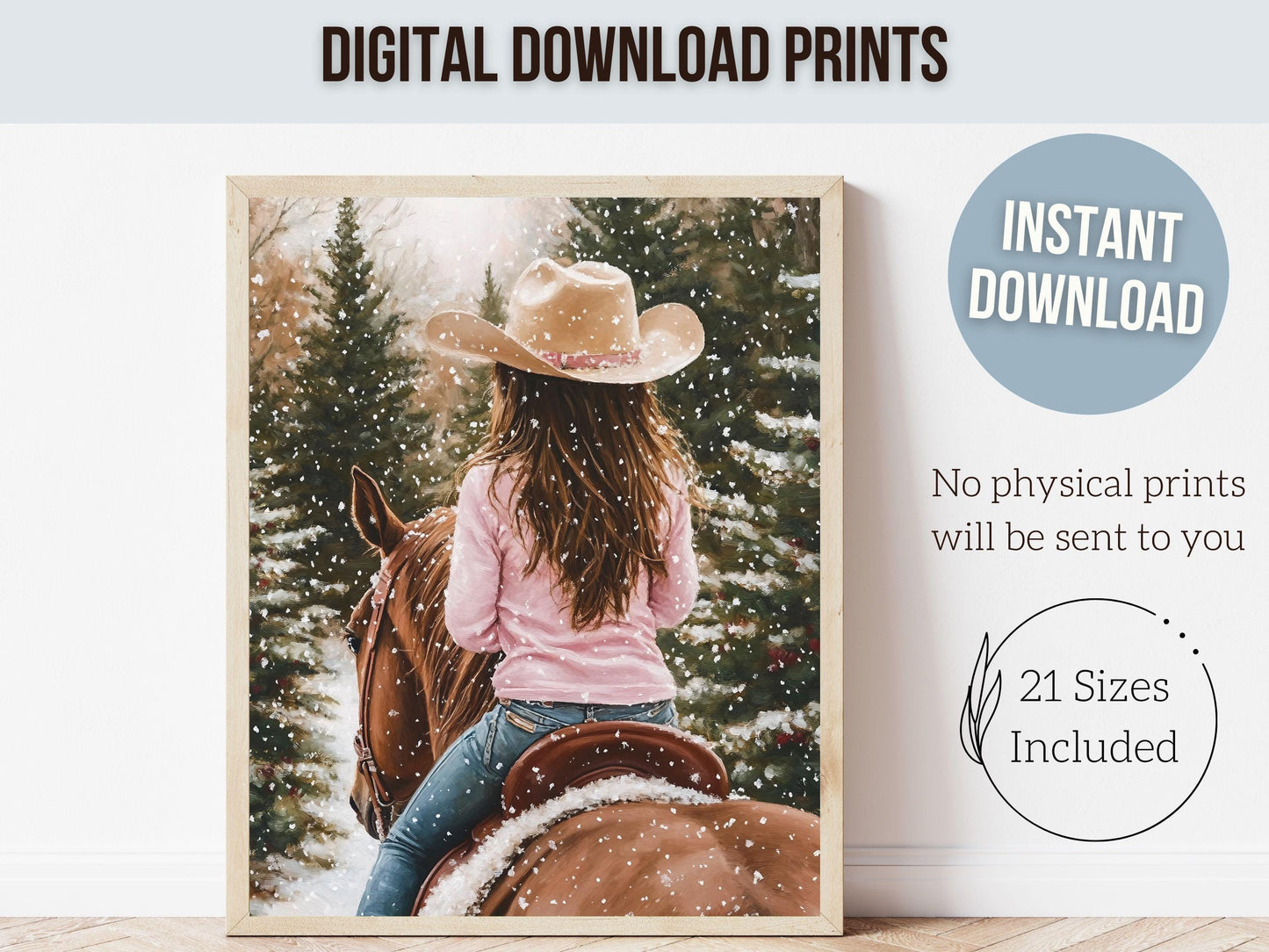 Cowgirl Horse Christmas Print, Baby Girl Western Cowgirl Horse Nursery Decor, Seasonal Decor, Holiday Art, Christmas Tree Farm Digital Print