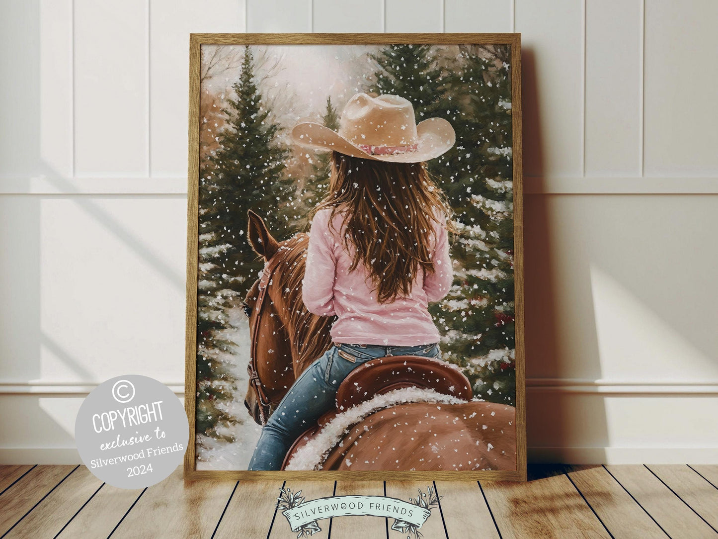 Infuse your home with the cozy charm of the West with this enchanting cowgirl Christmas print, featuring a festive cowgirl riding her horse through a snowy Christmas tree farm—the perfect decor for any room and a heartfelt gift for horse lovers!