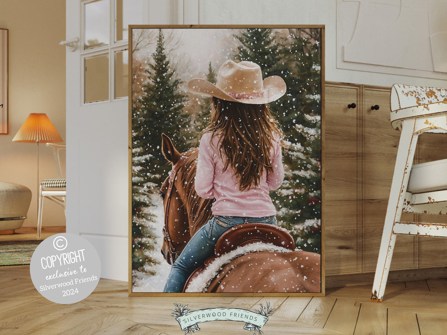 Cowgirl Horse Christmas Print, Baby Girl Western Cowgirl Horse Nursery Decor, Seasonal Decor, Holiday Art, Christmas Tree Farm Digital Print