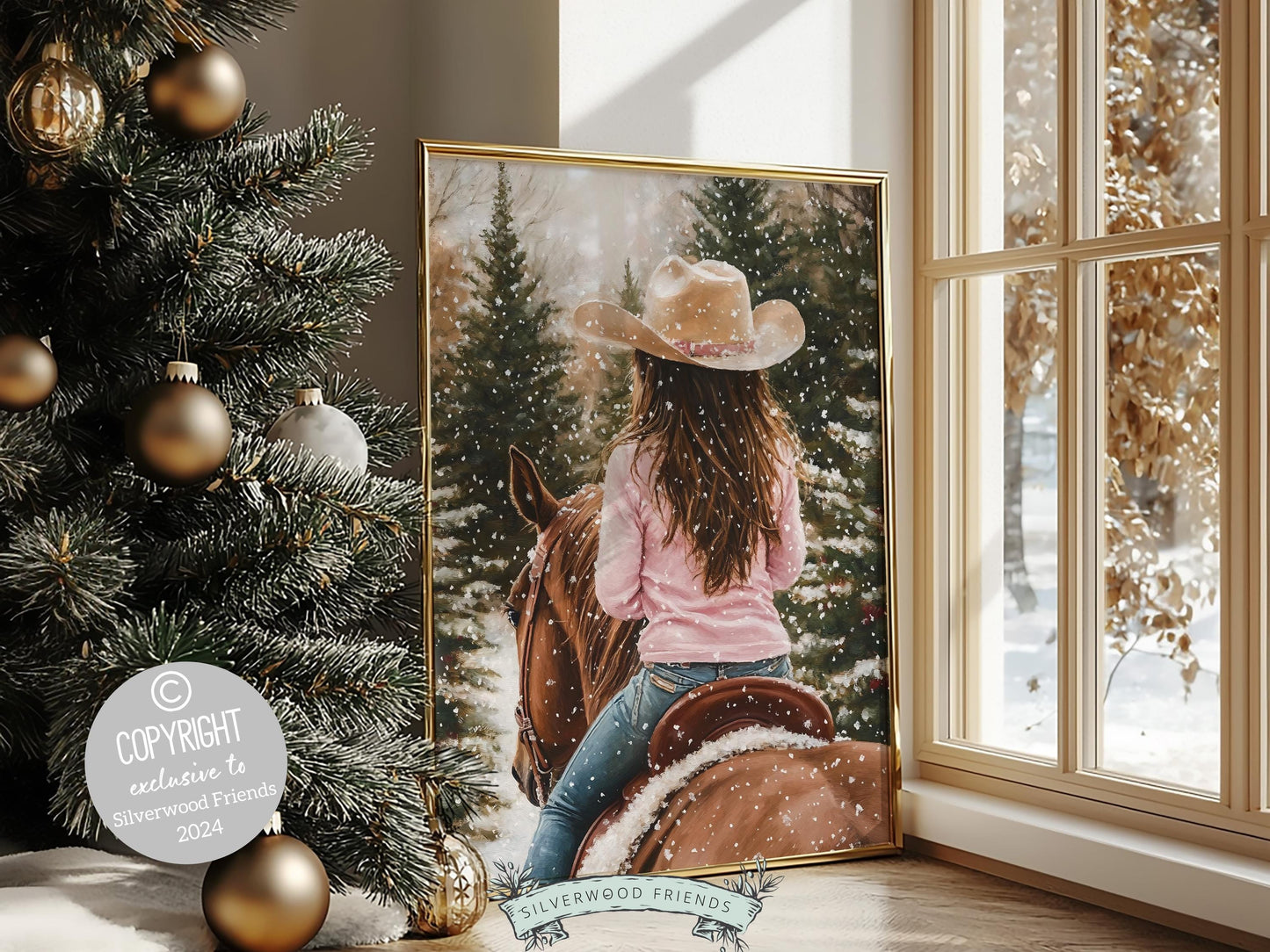 Cowgirl Horse Christmas Print, Baby Girl Western Cowgirl Horse Nursery Decor, Seasonal Decor, Holiday Art, Christmas Tree Farm Digital Print