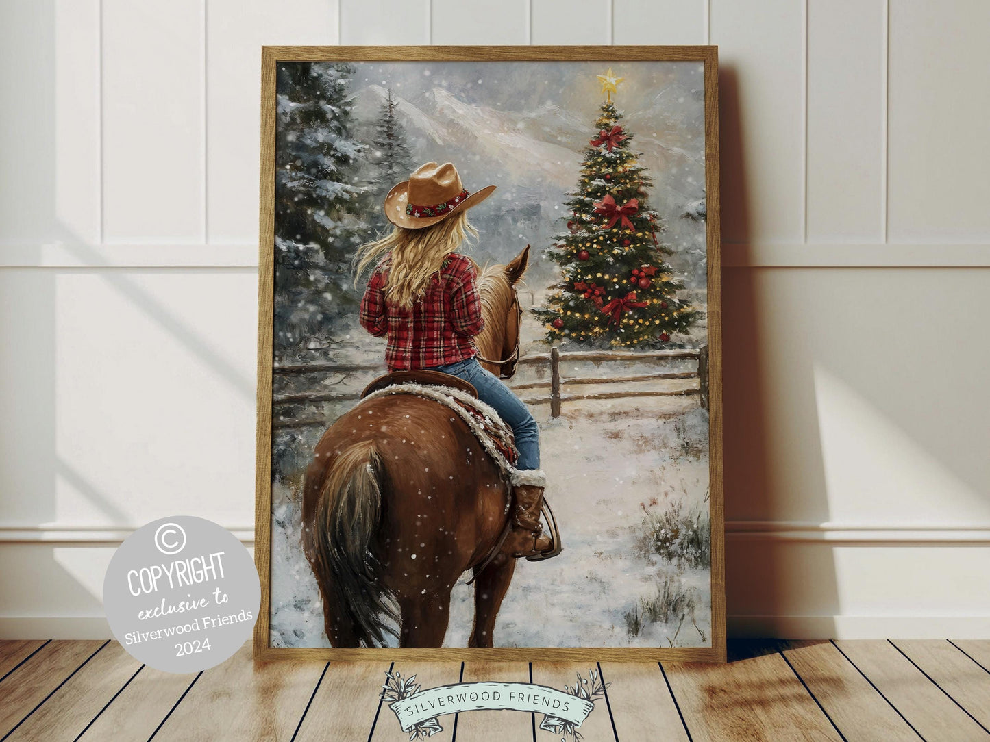 Bring the cozy charm of the West to your home with this enchanting cowgirl Christmas print, featuring a cowgirl riding her horse through a snowy paddock adorned with a twinkling Christmas tree—a heartfelt gift for horse lovers