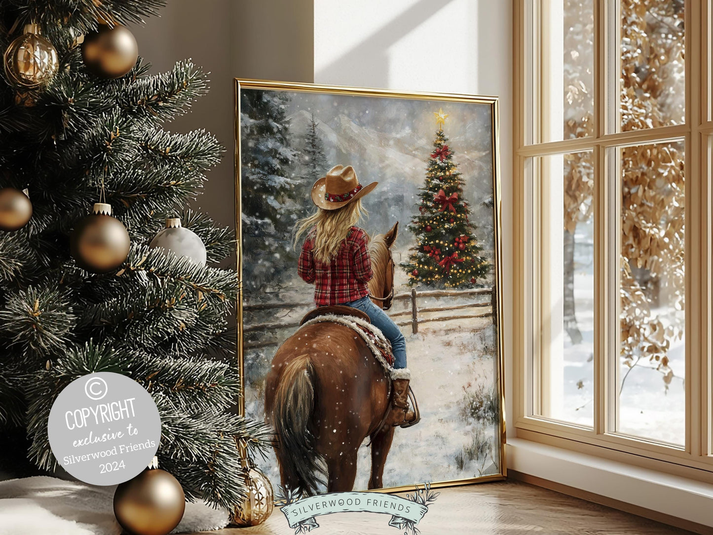 Cowgirl Horse Christmas Print, Baby Girl Western Cowgirl Horse Nursery Decor, Seasonal Decor, Holiday Art, Christmas Tree Farm Digital Print