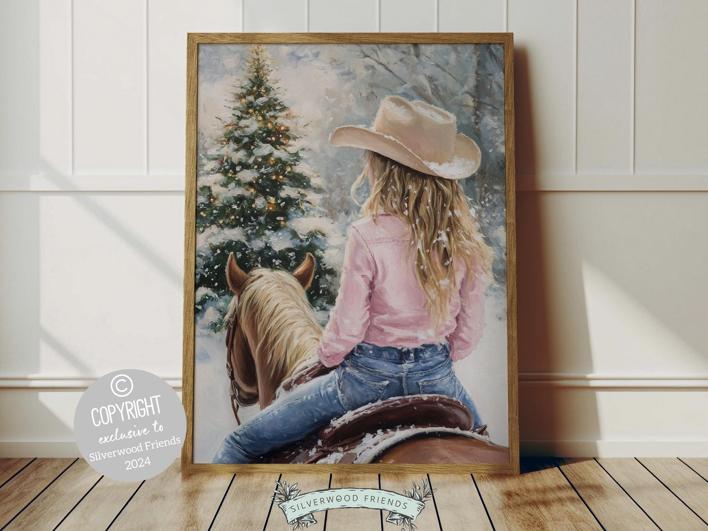 Infuse your home with the cozy charm of the West with this enchanting cowgirl Christmas print, featuring a cowgirl riding her horse through the snow—the perfect decor for any room and a heartfelt gift for horse lovers!