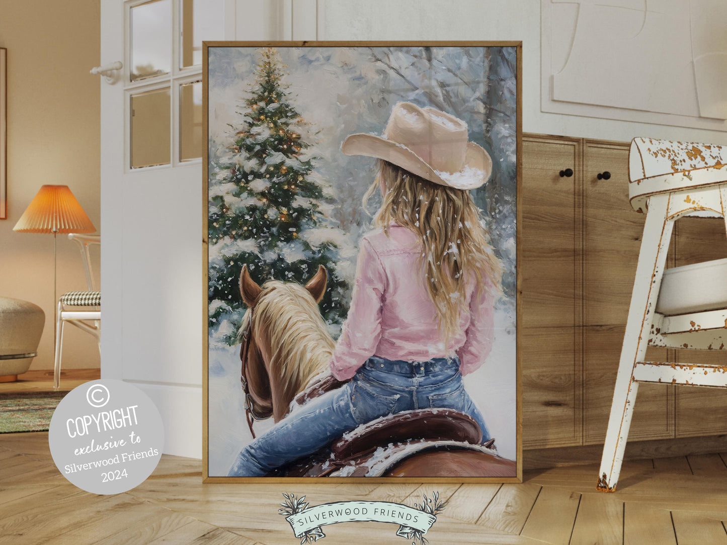 Cowgirl Horse Christmas Print, Baby Girl Western Cowgirl Horse Nursery Decor, Seasonal Decor, Holiday Art, Christmas Tree Snow Digital Print