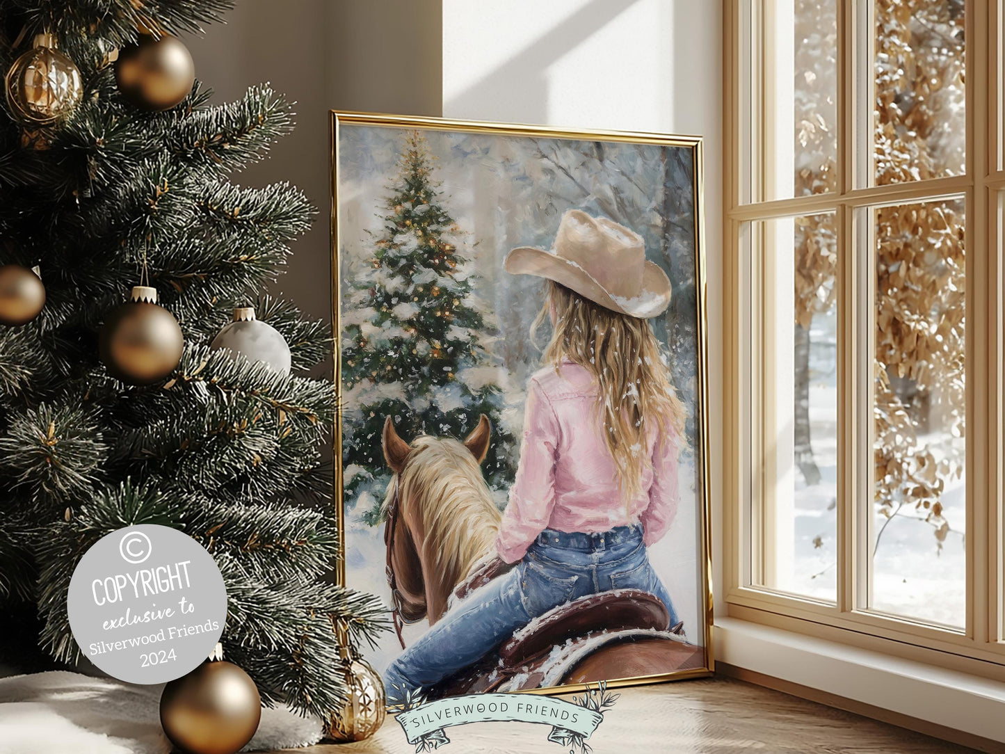 Cowgirl Horse Christmas Print, Baby Girl Western Cowgirl Horse Nursery Decor, Seasonal Decor, Holiday Art, Christmas Tree Snow Digital Print
