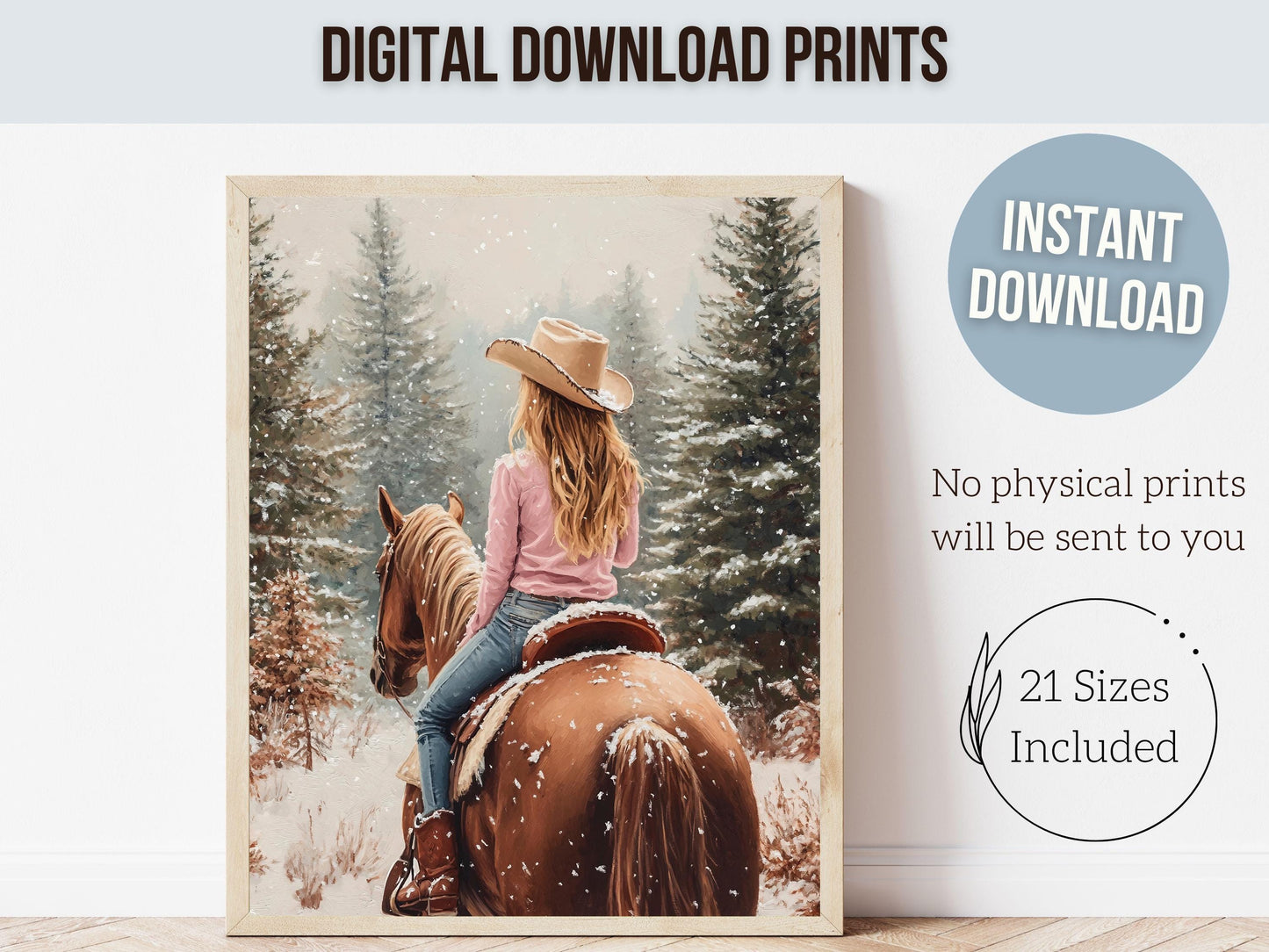 Cowgirl Horse Christmas Wall Art, Western Cowgirl Horse Nursery Wall Decor, Winter Forest Wall Decor, Christmas Cowgirl Horse Digital Print