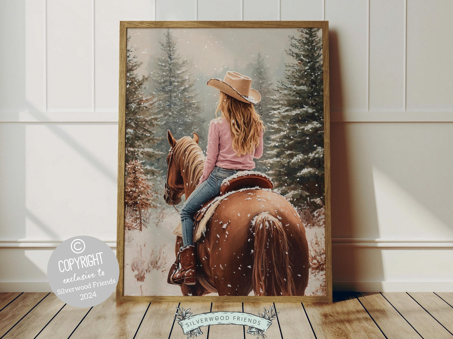 Infuse your home with the cozy charm of the West with this enchanting cowgirl Christmas print, featuring a cowgirl riding her horse through the snow—the perfect decor for any room and a heartfelt gift for horse lovers!