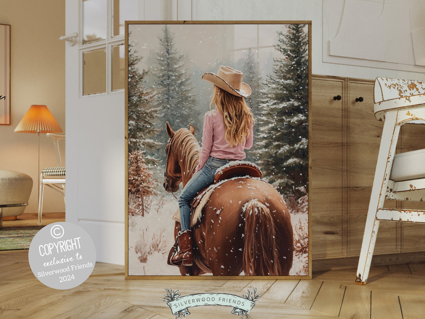 Cowgirl Horse Christmas Wall Art, Western Cowgirl Horse Nursery Wall Decor, Winter Forest Wall Decor, Christmas Cowgirl Horse Digital Print