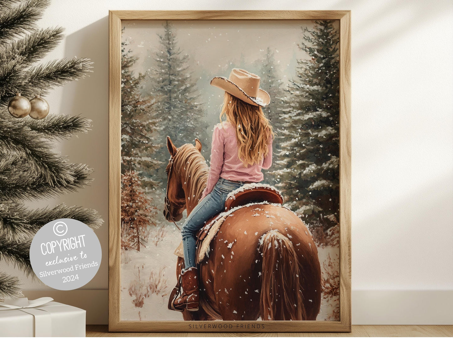 Cowgirl Horse Christmas Wall Art, Western Cowgirl Horse Nursery Wall Decor, Winter Forest Wall Decor, Christmas Cowgirl Horse Digital Print