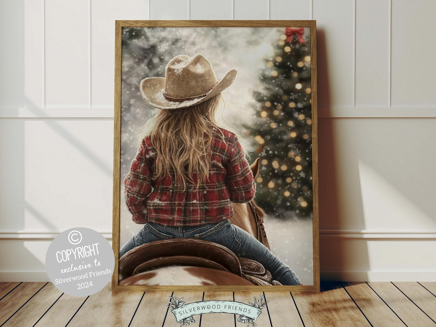 Infuse your home with the cozy charm of the West with this enchanting cowgirl Christmas print, featuring a cowgirl riding her horse through the snow—the perfect decor for any room and a heartfelt gift for horse lovers!