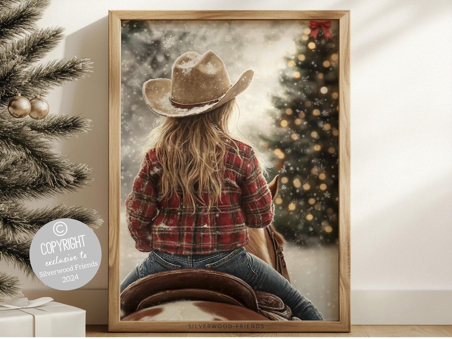 Cowgirl Horse Christmas Wall Art, Western Cowgirl Horse Nursery Wall Decor, Winter Forest Wall Decor, Christmas Cowgirl Horse Digital Print